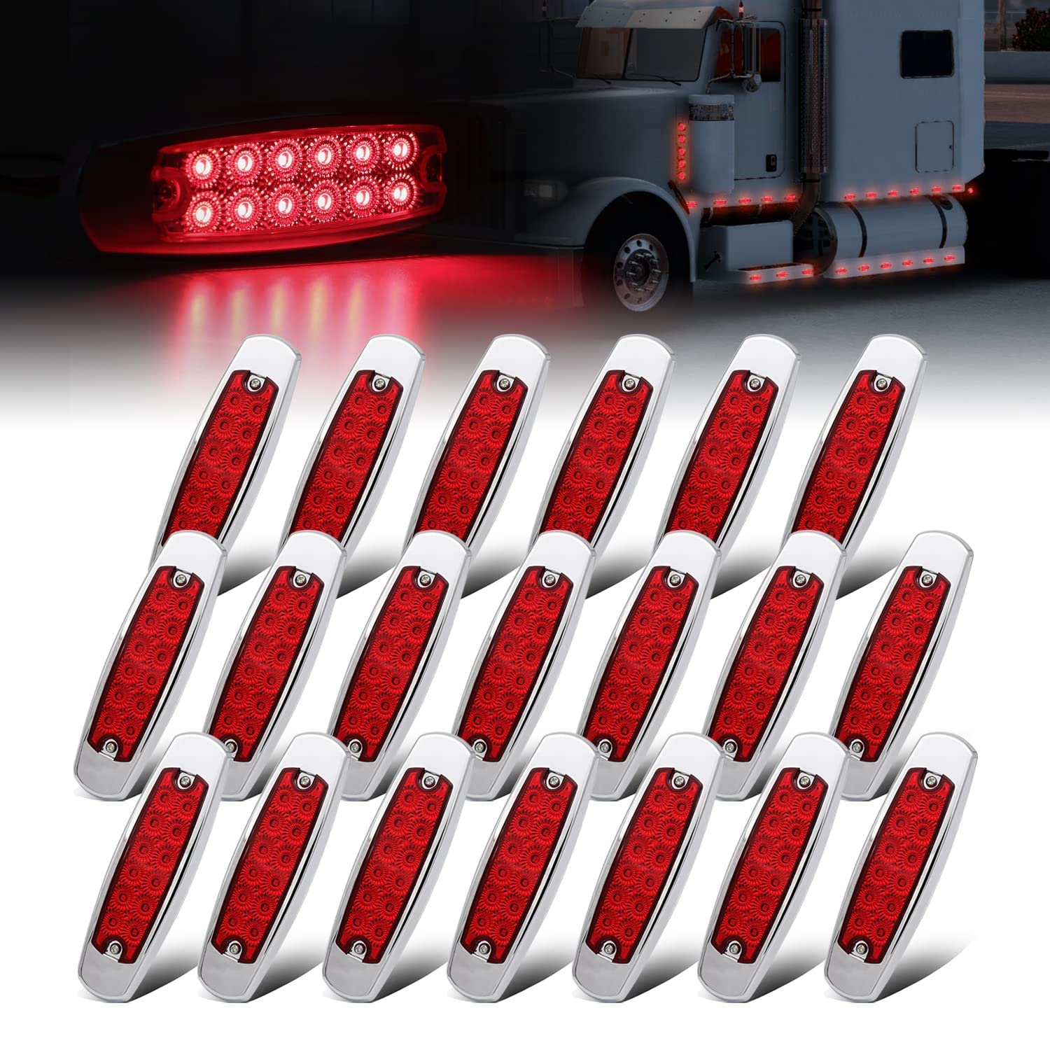 Ledvillage 20 Pcs 6.4 Inch Slim Red Led Rectangle Side Marker Fender Light W/Chrome Stop Parking Brake Signal Lamp For Heavy Dut