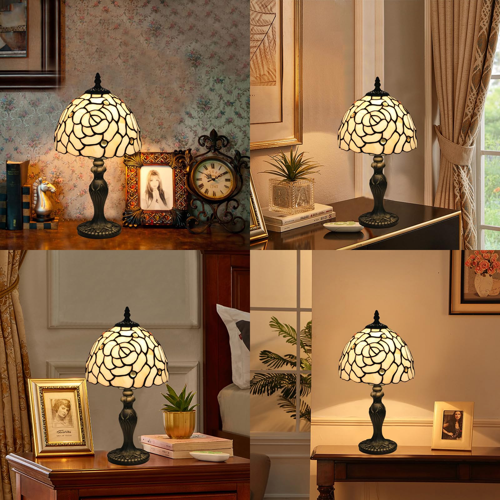 Tuomoxte Tiffany Style Small Table Lamp, 8X8X14.5 Inch Rose Stained Glass Lamp, Small Antique Side Table Lamps, Bedside Nightstand Lamp, For Bedroom Living Room Home Office,Led Bulb Include