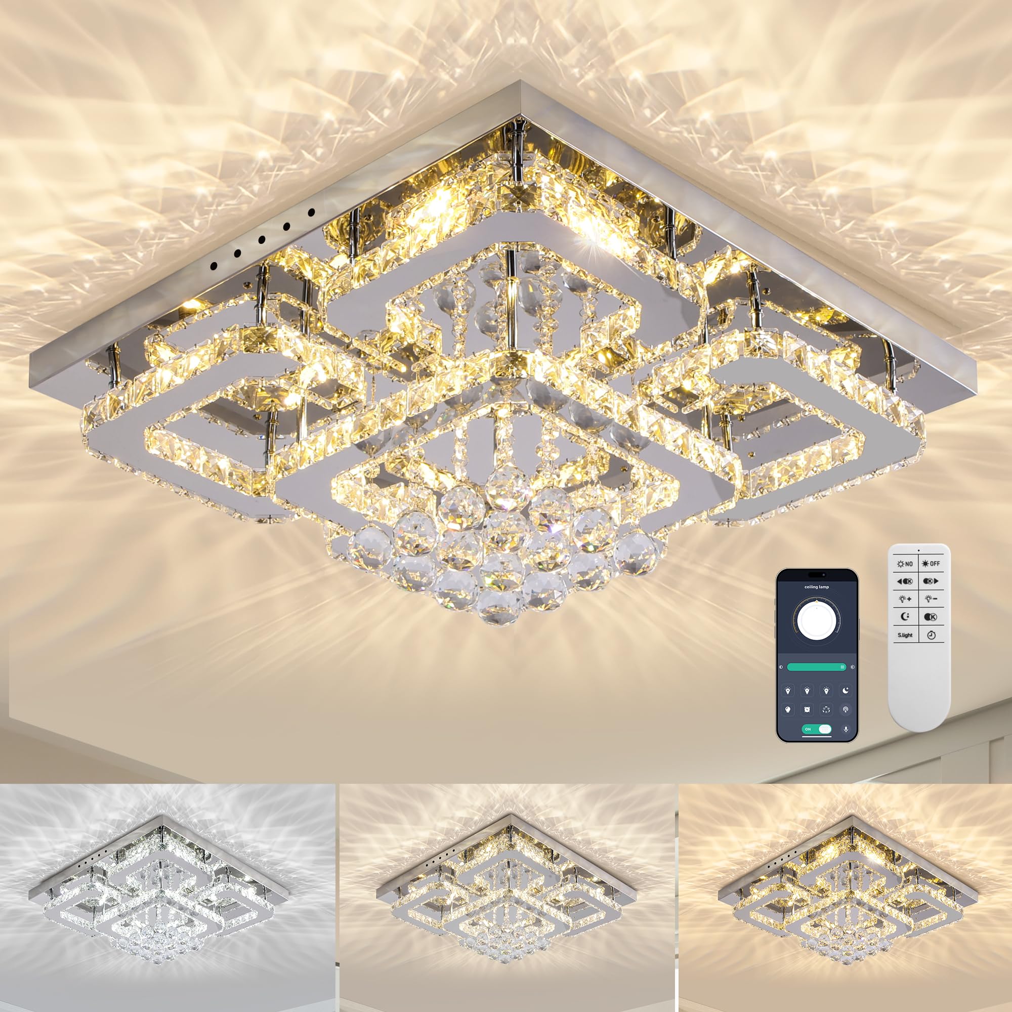 24 inch Flush Mount Chandelier Crystal Ceiling Light with Remote Control/APP,3CCT Dimmable&Brightness Adjustable, Modern Crystal