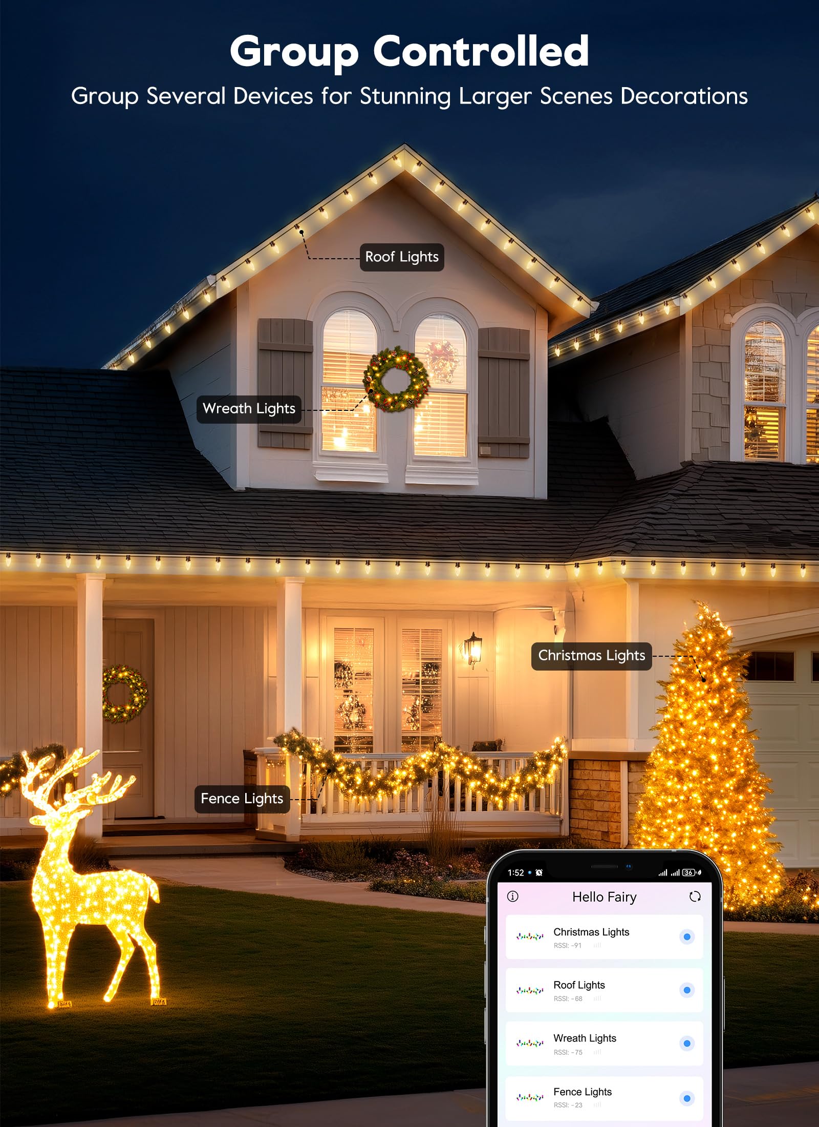 Brightown Smart C9 Christmas Lights Outdoor, 100 LED RGB C9 String Light with Remote, App Control, Music Sync, Connectable Water