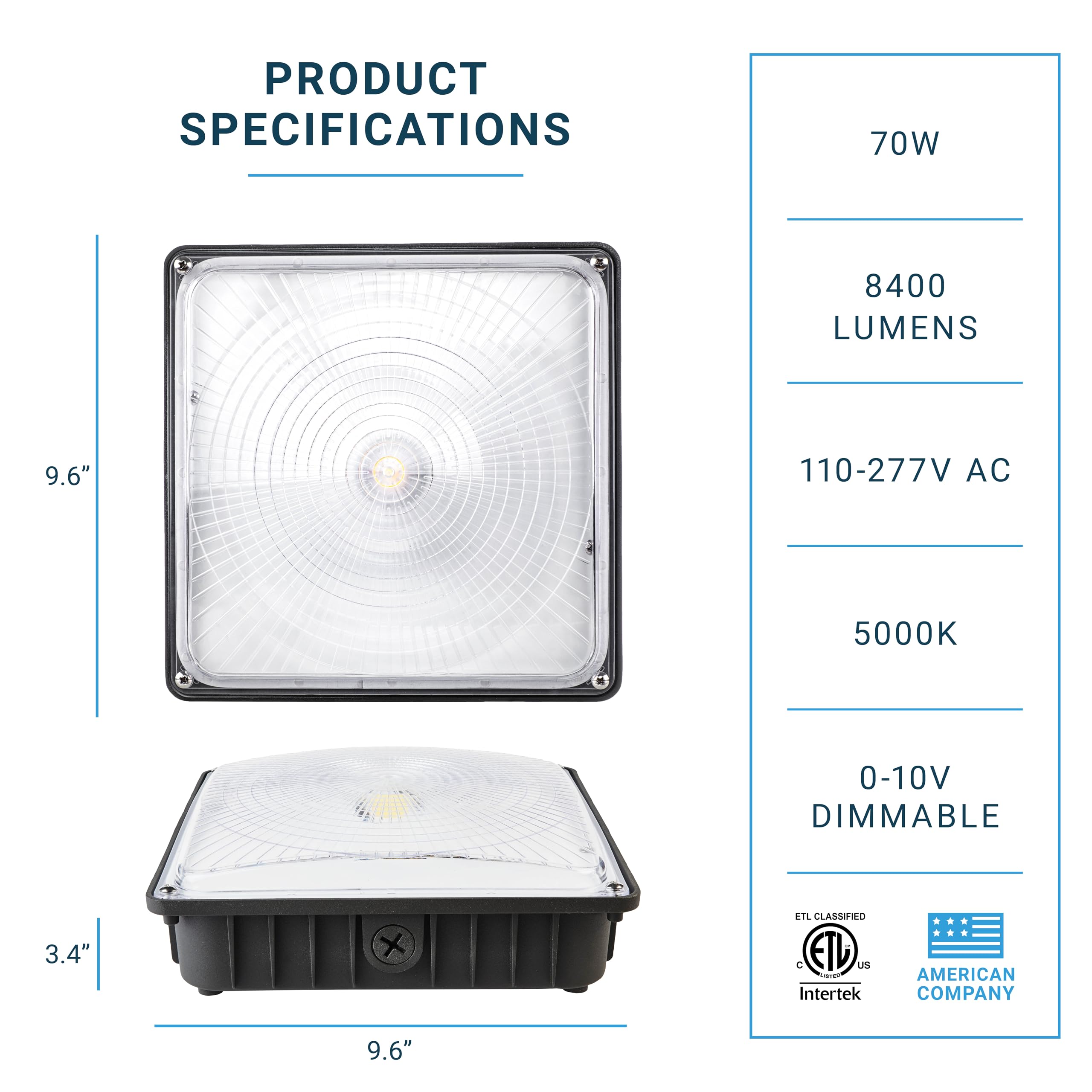 Parmida Led Canopy Light, 70W, Dimmable, 110-277Vac, Ip65 Waterproof, Etl-Listed, 5000K, 9.6'' X 9.6'', Gas Station, Street, Are