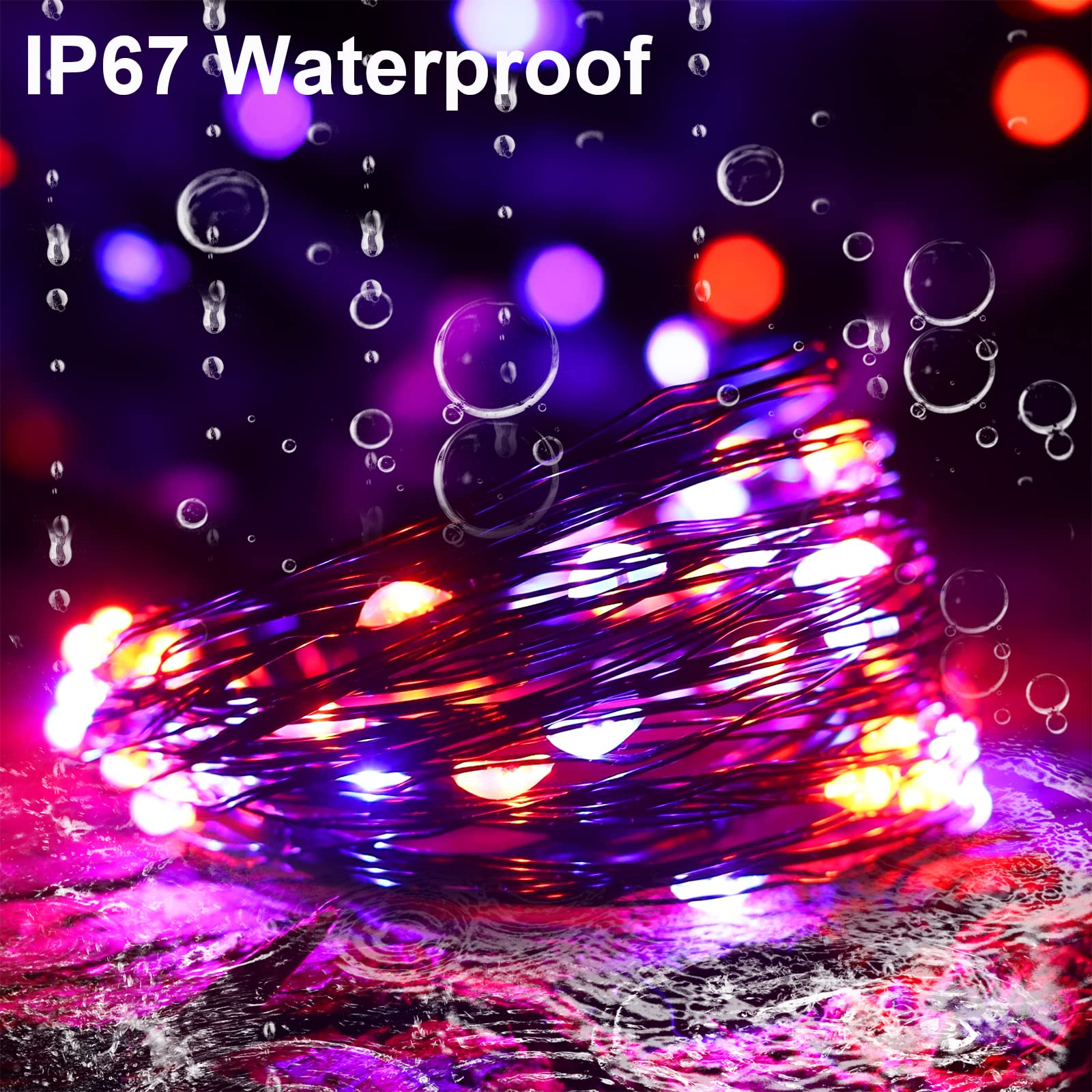 YAOZHOU Solar Powered Halloween String Lights, 100 LED, 33FT, IP67 Waterproof, Orange/Purple, 2 Pack, Black Copper Fairy Lights