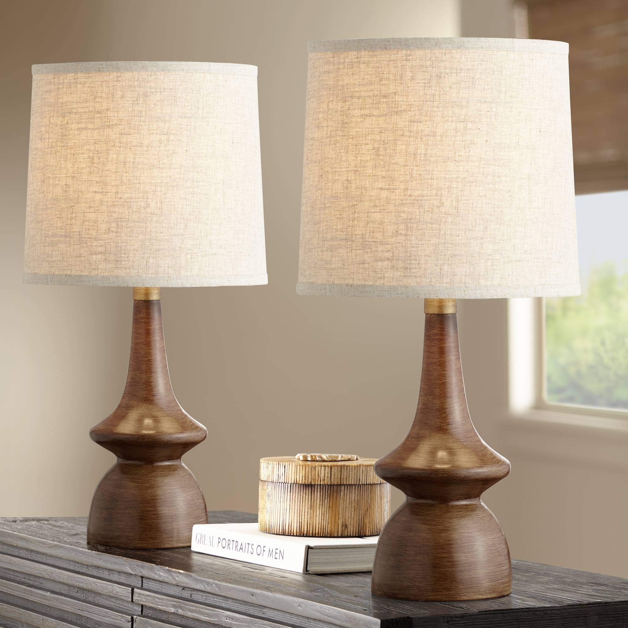 360 Lighting Rexford Mid Century Modern Table Lamps 24 Tall Set of 2 Walnut Brown Faux Wood Off White Drum Shade for Bedroom Liv