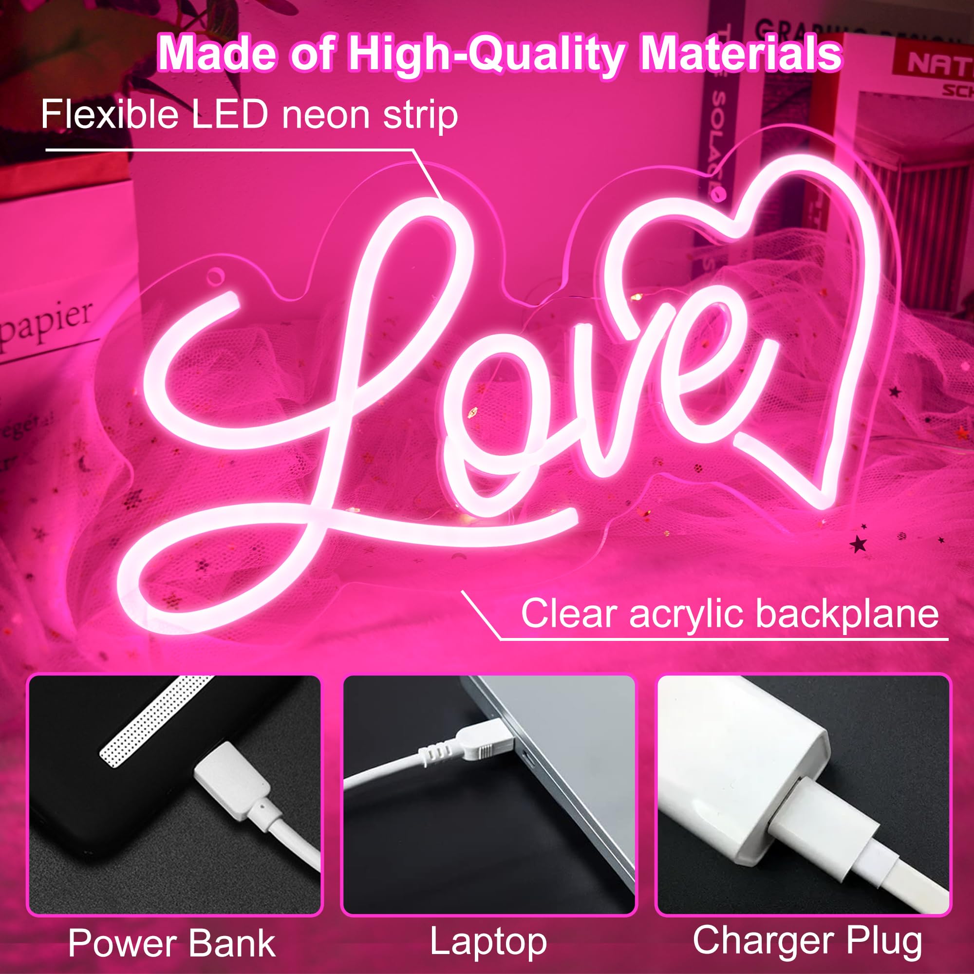 Begooat Love Heart Neon Sign - 10 Levels Dimmable USB Light for Kids Bedroom, Wedding Decor, Valentines Day Gift, Model S