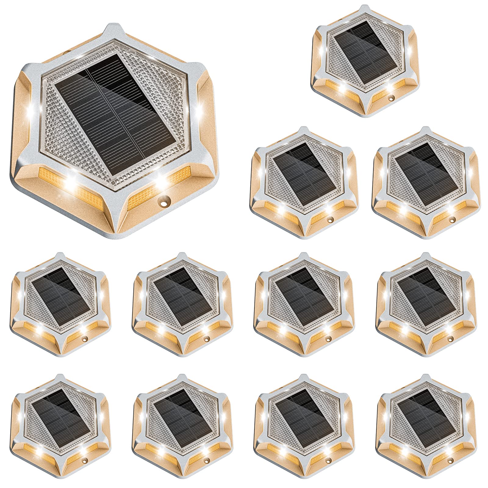 VOLISUN Solar Driveway Lights, 12 Pack Waterproof LED Marker Lights, Cast Aluminium, White/Warm White, Model 21147ZM