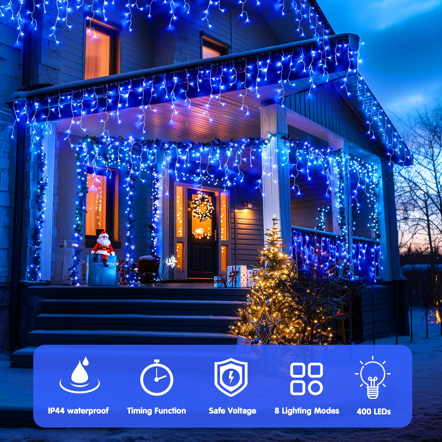 JMEXSUSS 400 LED Blue Icicle Lights - Waterproof, 8 Modes, Christmas & Halloween Decorations, Model EXS-I-0400