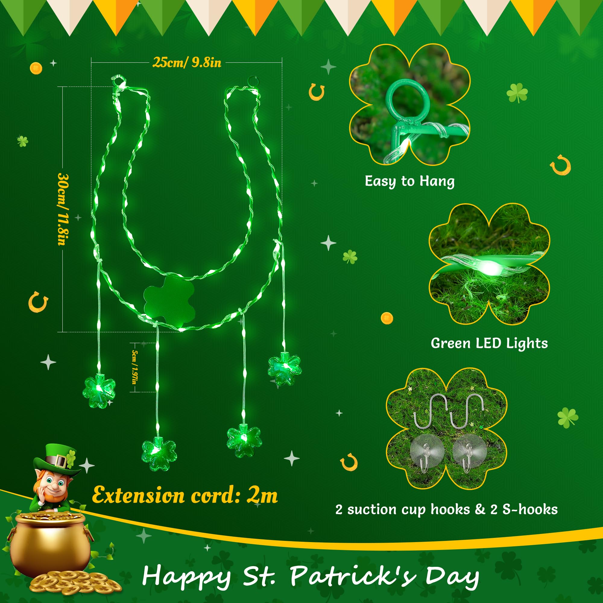 Youngar St Patricks Day Solar Lights, Horseshoe Window Lights,11.6In 59Led Shamrock Green Iron Frame Silhouette Lights,Hanging 8