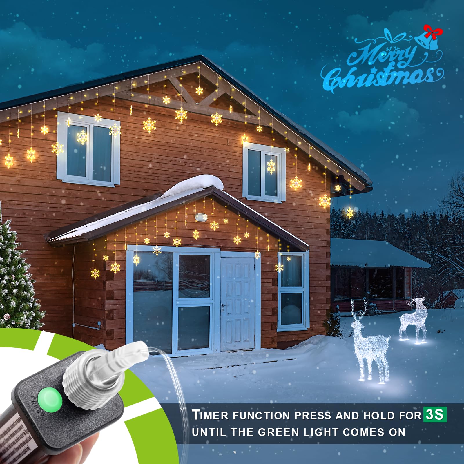 Jofios Christmas Snowflake Lights, 16.73Ft Outdoor Led Snowflake Icicle Christmas Lights With 20 Drops, Waterproof Snowflake Lig