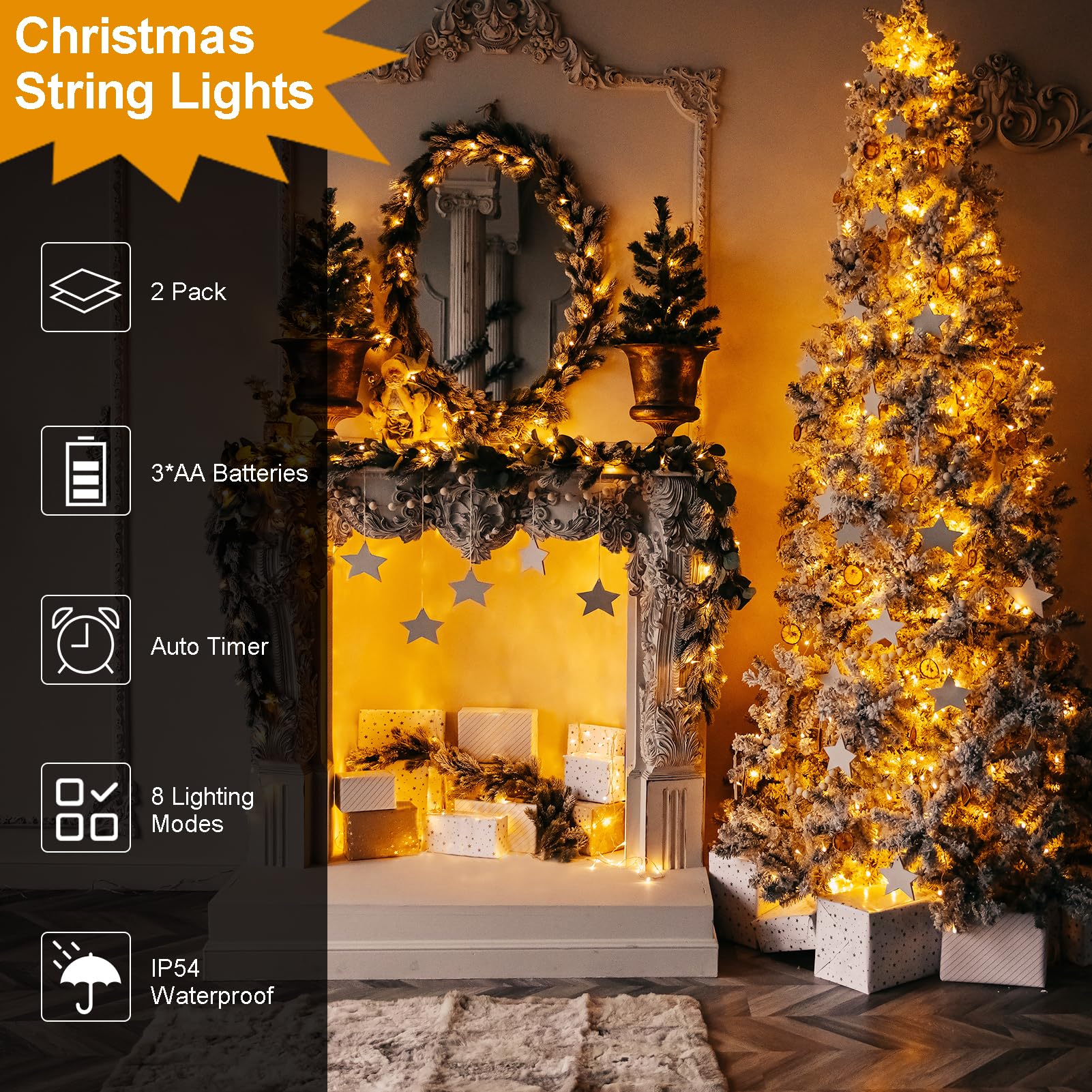 ZAIYW 2 Pack Mini String Lights 23ft 70 LEDs Waterproof Battery Operated Warm White with Timer, 8 Modes