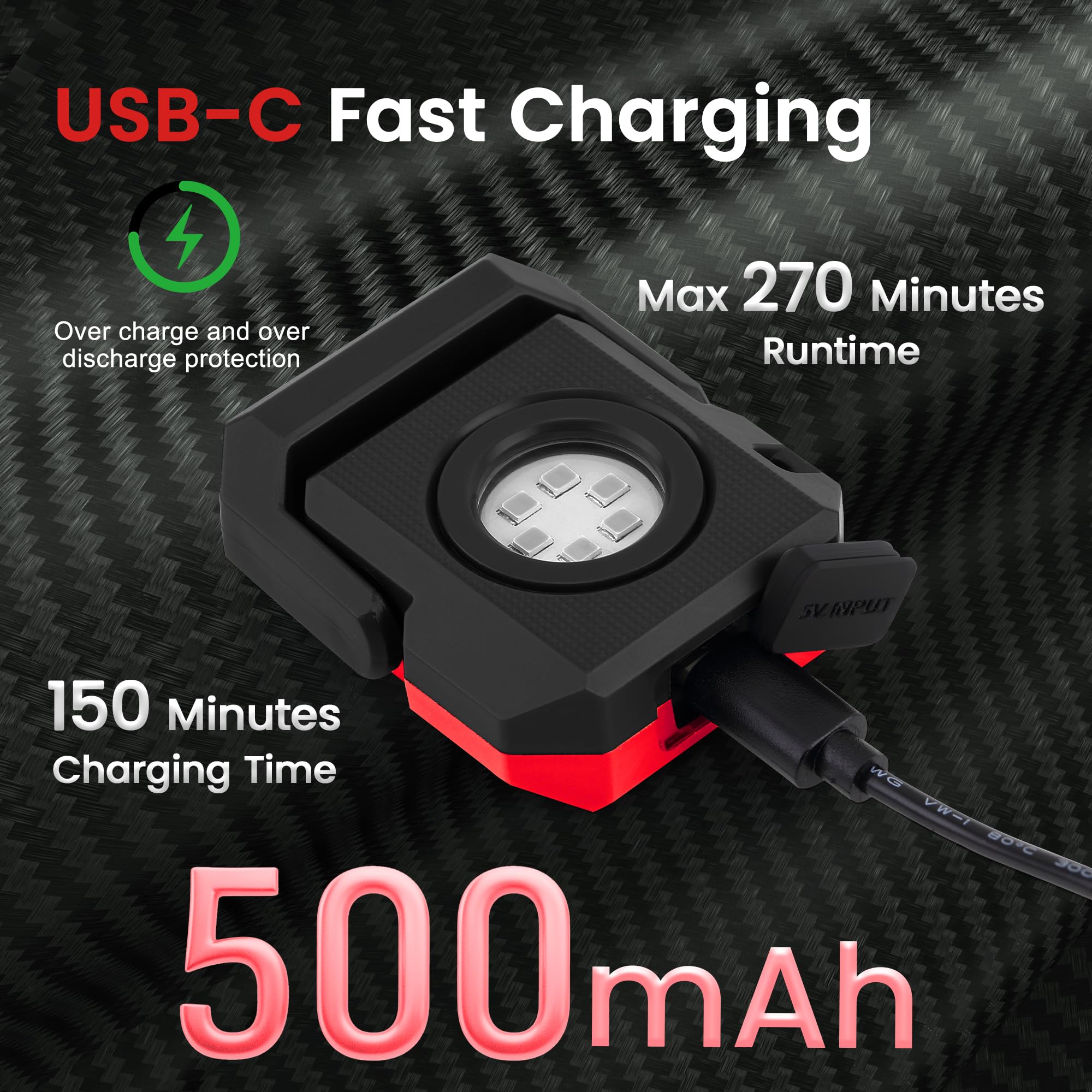 LAIMITTOS Mini Rechargeable LED Work Light - 550 Lumens, Magnetic Base, Portable Mechanic Flashlight, Black & Red