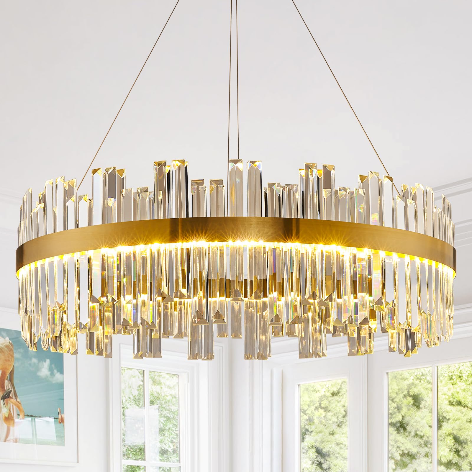 23.6'' Dimmable Modern Led Crystal Chandeliers,Gold Chandelier Light Fixture, 3 Colors Contemporary Pendant Ceiling Light For Di