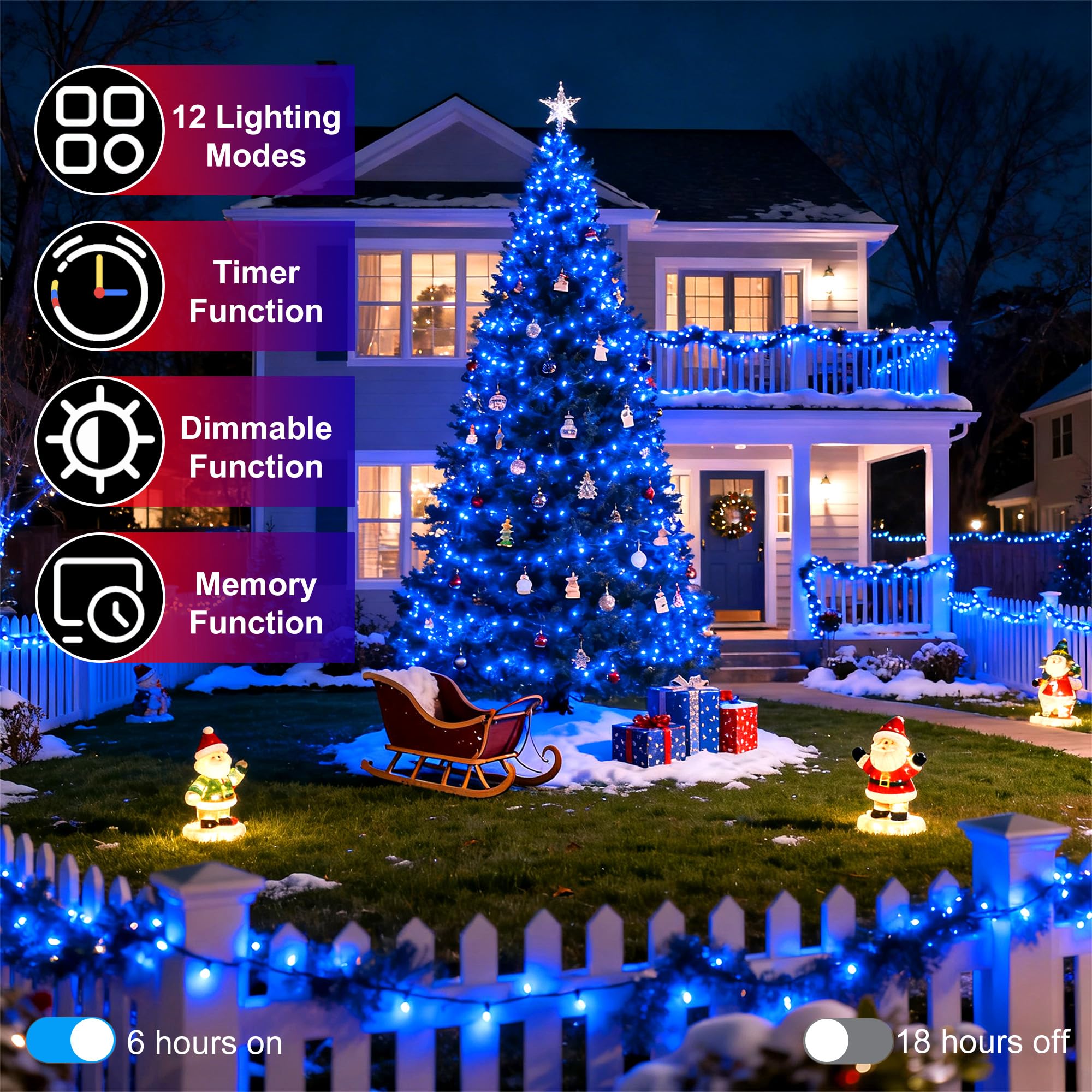 340 Led 90Ft Christmas String Lights Outdoor  12 Pro Modes And Timer Memory & Brightness  Plug In Outdoor Waterproof Clear Wire Twinkle Light For For Xmas Yard Tree Wedding Party Decor (Blue)