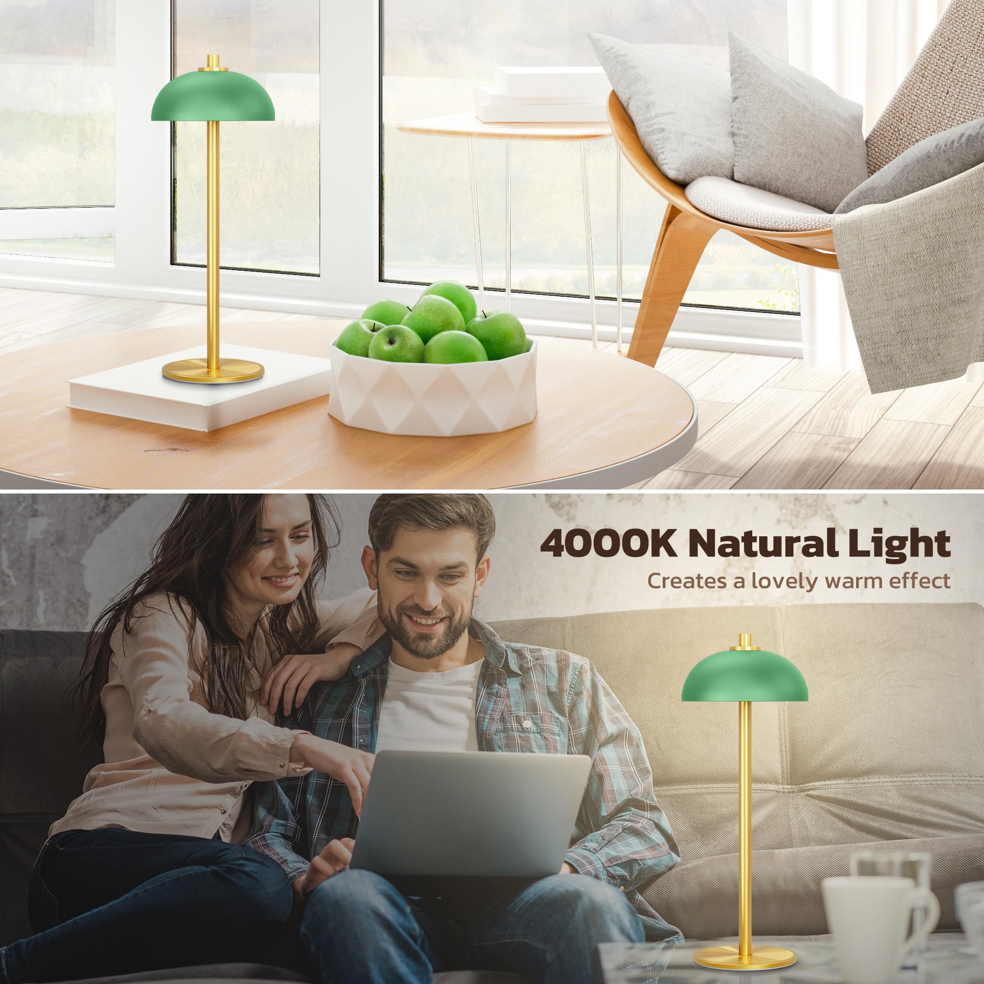 JONEMO Cordless Table Lamp, 5000mAh Rechargeable, 3 Color Modes, Aluminum, Green, Model MOGU