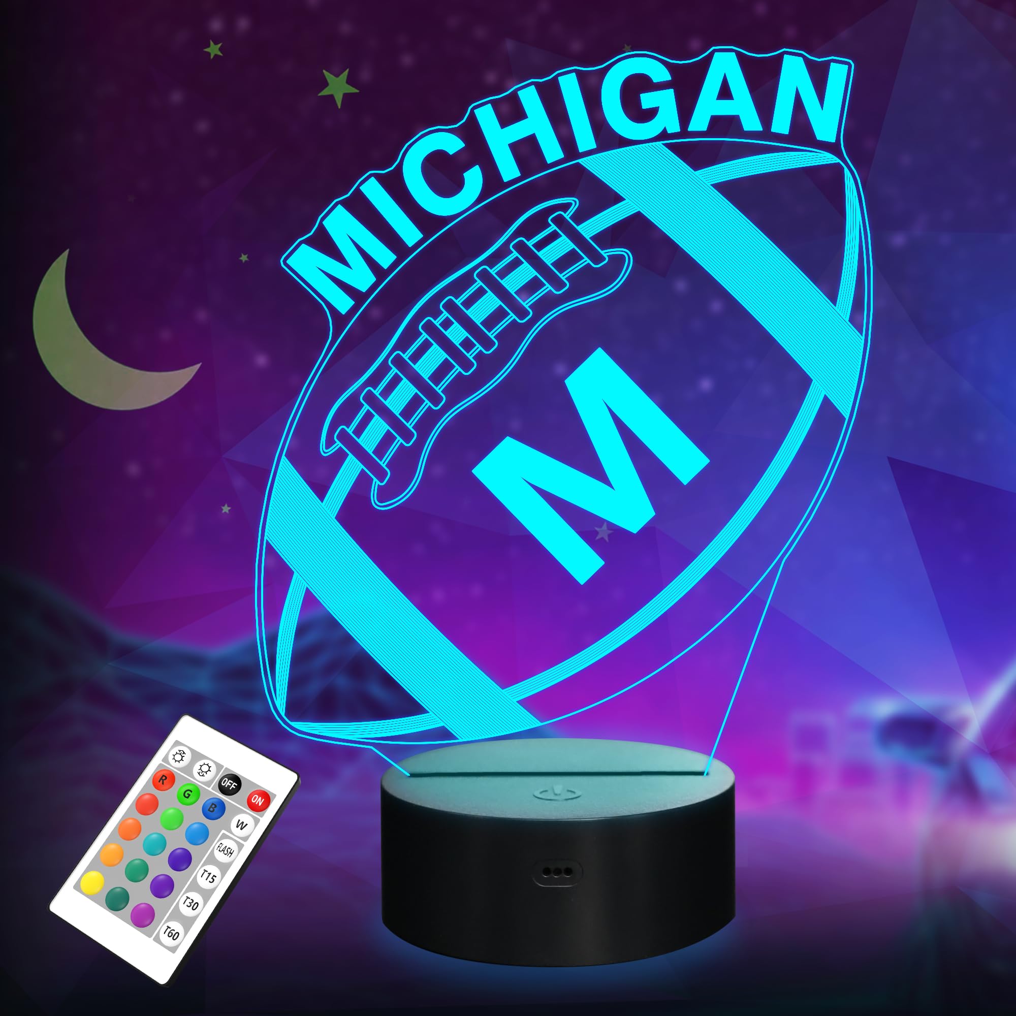Lightzz 3D Football Michigan Night Light, 16 Color Remote Control, Kids Room Decor, Multicolored