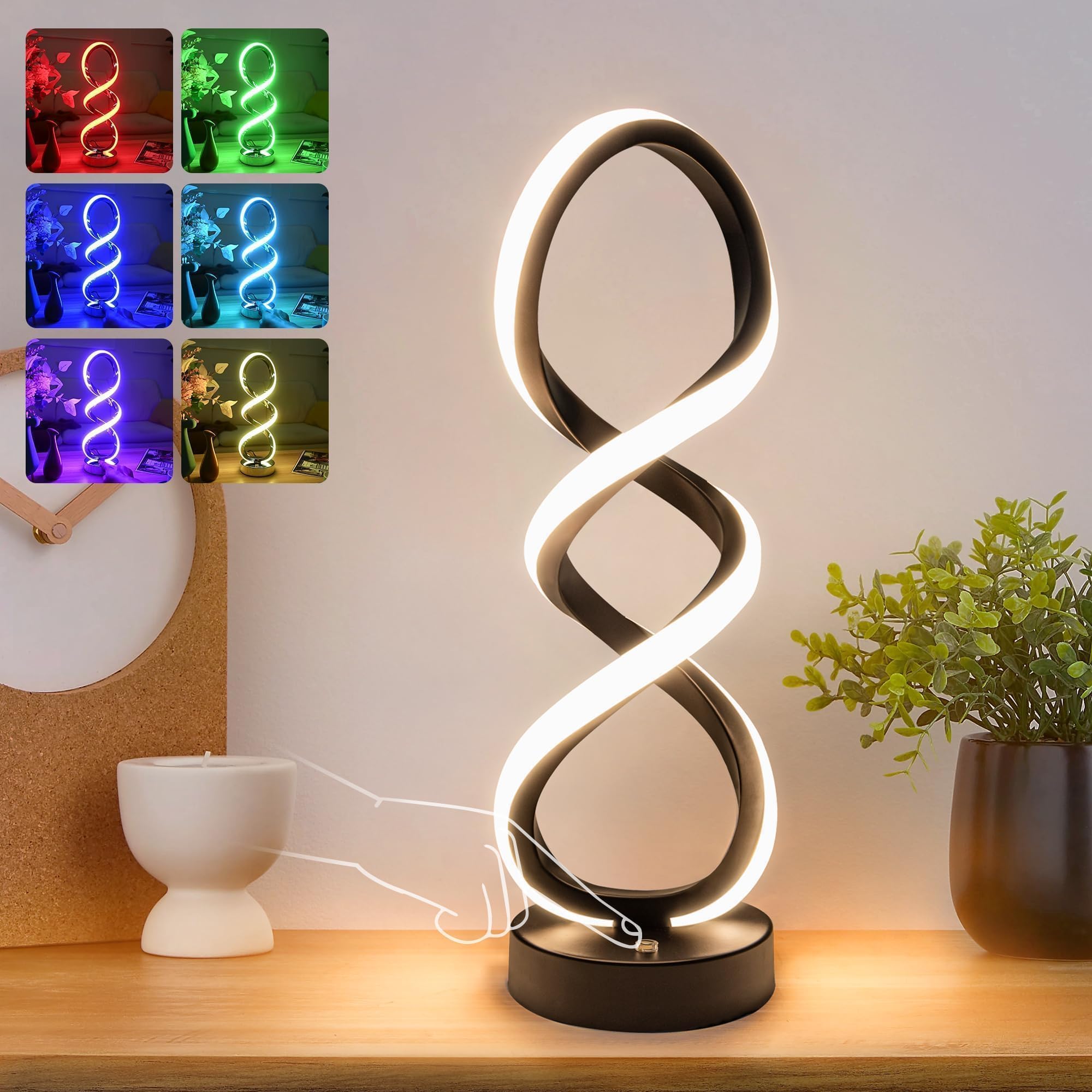 Adebime Modern Touch Dimmable Table Lamp - 7 Colors, 10 Modes, Black Spiral Design, 15.7&quot;