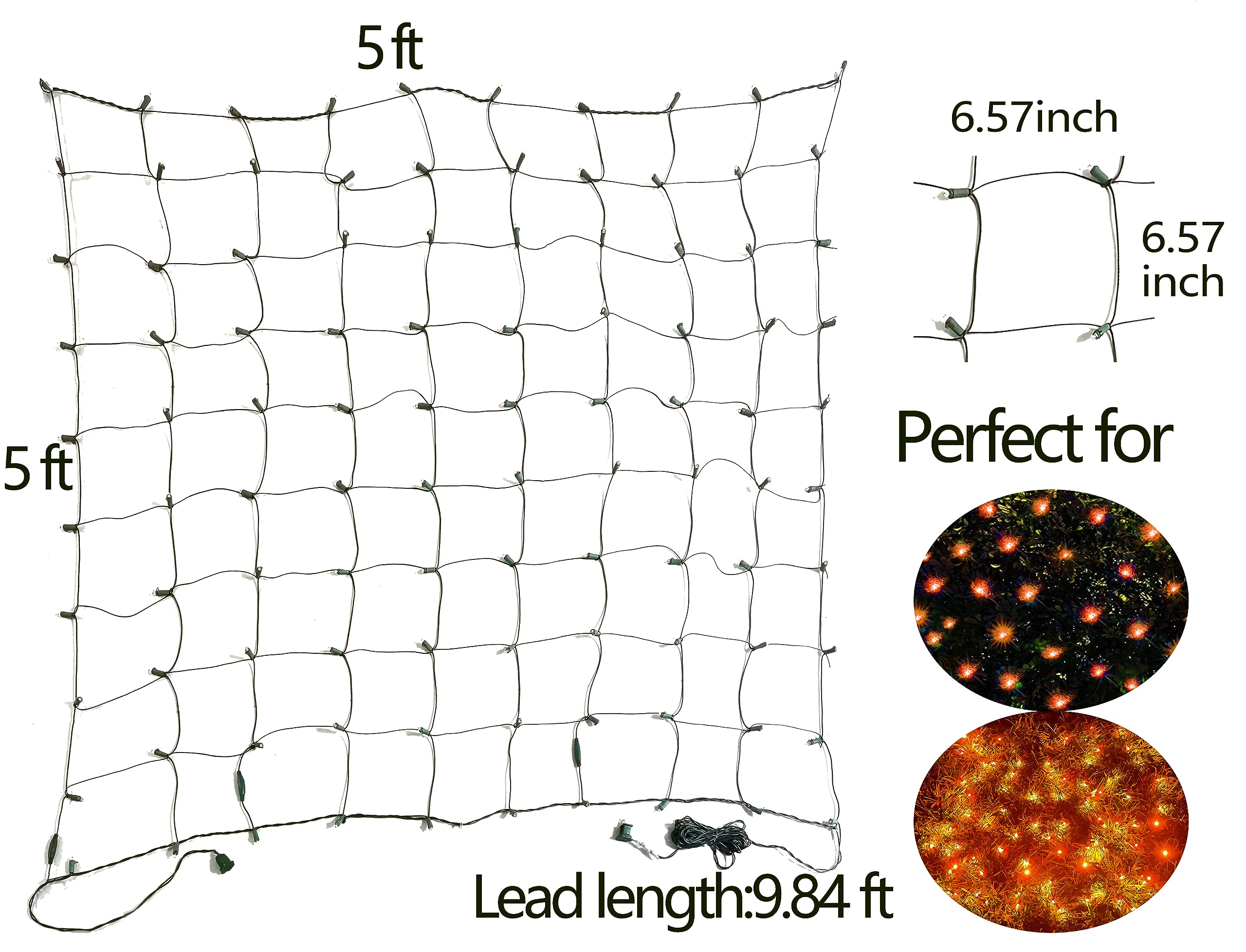 Halloween Lights Outdoor,100Led 5Ftx5Ft Orange Halloween Net Lights With Connectable, Waterproof ,Ul Certified And Durable Green Wire Design For Bushes,Shrubs,Halloween Decorations Outdoor(Orange)