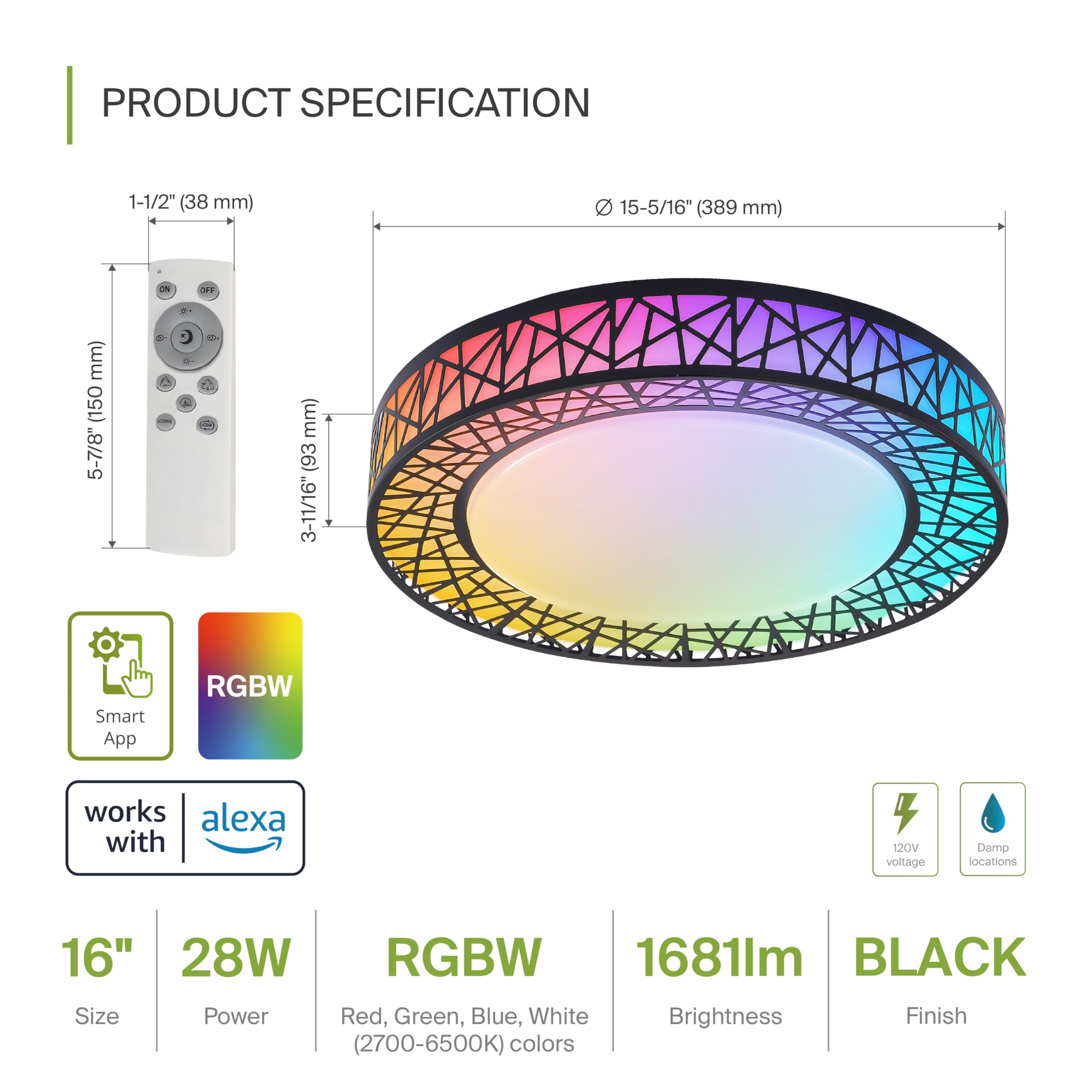 ASD 16 Inch Smart RGBW Flush Mount Ceiling Light, Dimmable 28W, WiFi App Control, Matte Black, Model A-LFM16D28SRGBW-B