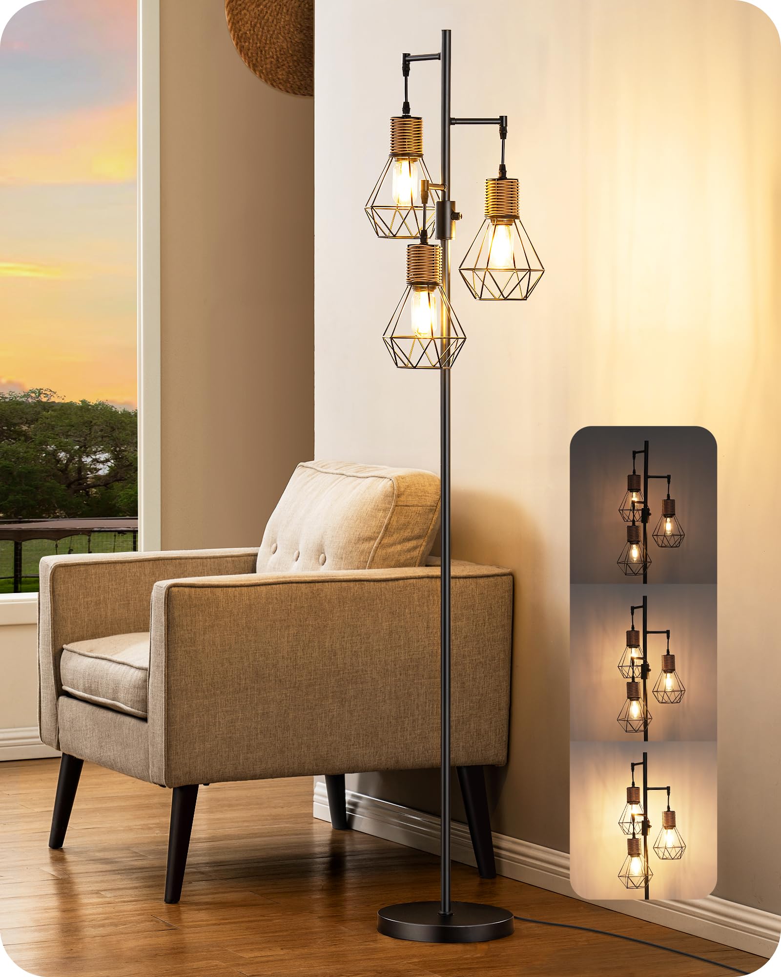 EDISHINE Dimmable Industrial Floor Lamp, Farmhouse Standing Lamp for Living Room, Diamond-Shaped Cage, Corner Rustic Rattan Read