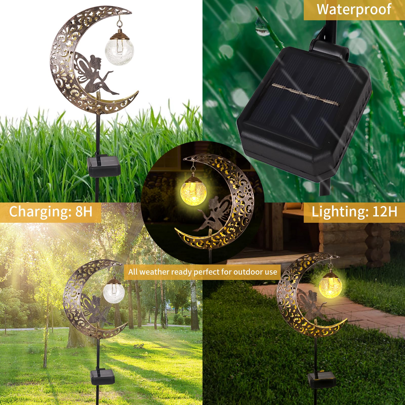 Solar Garden Lights Outdoor Decor,Moon Fairy Crackle Glass Lights,Waterproof Warm White Led Metal Stake Ornament,For Walkway Bac
