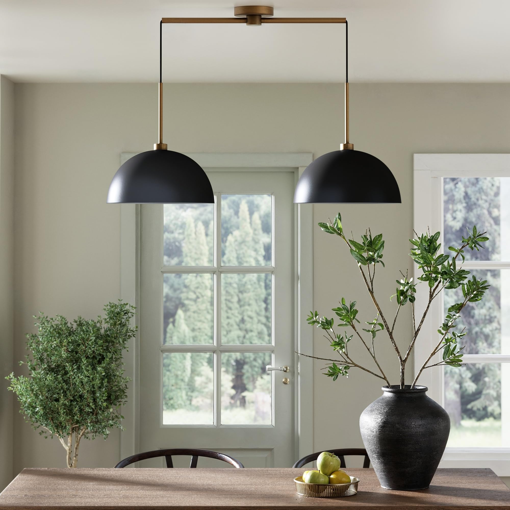 Nathan James Percy 2-Light Pendant Island Light Fixture, Metal Shade, Adjustable Cord, Set of 2, Black/Vintage Brass, Model 12303-2