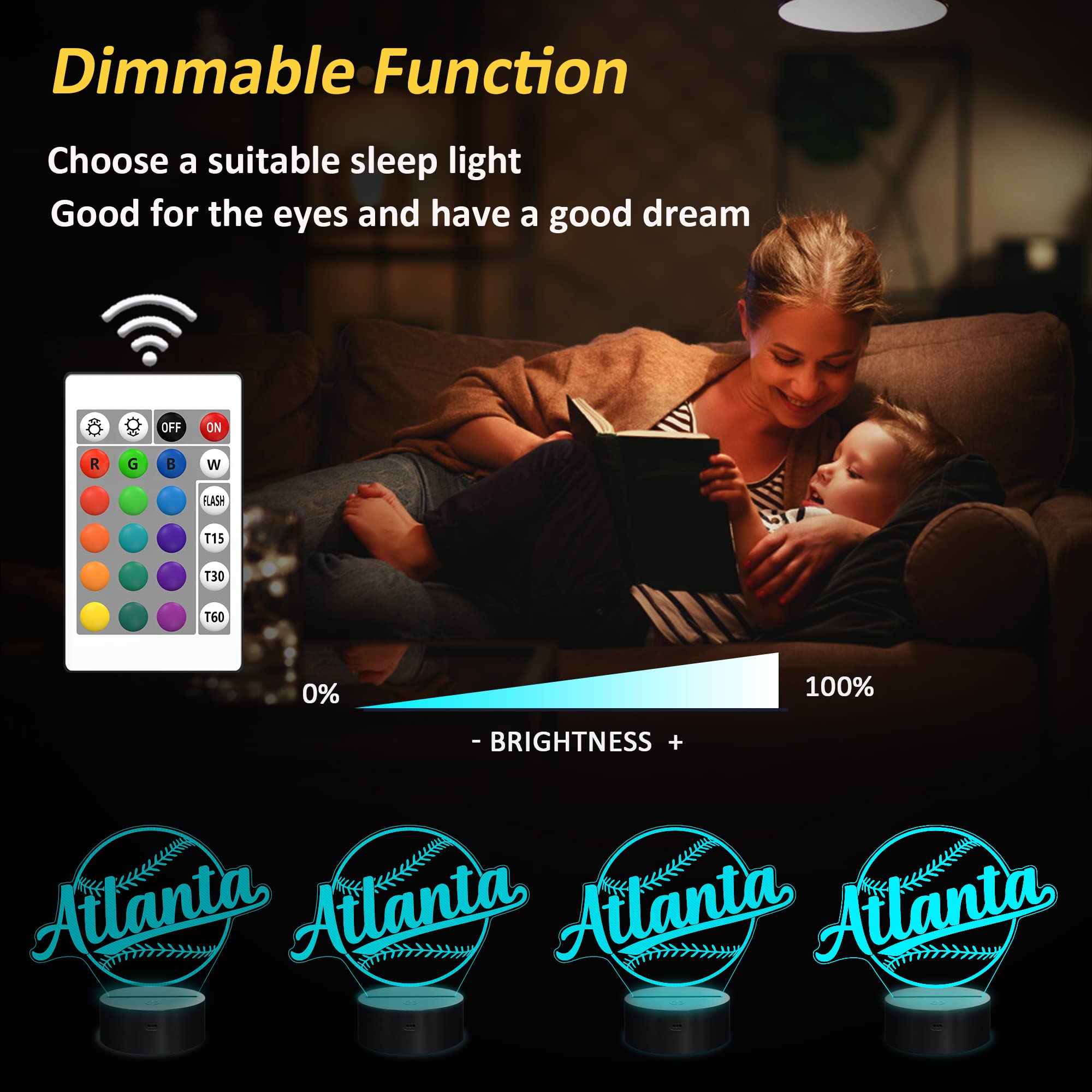 Lightzz 3D Illusion Baseball Night Light - Remote Control, 16 Colors, Acrylic Decor, Kids Room, Atlanta Model FS-xxxyyy