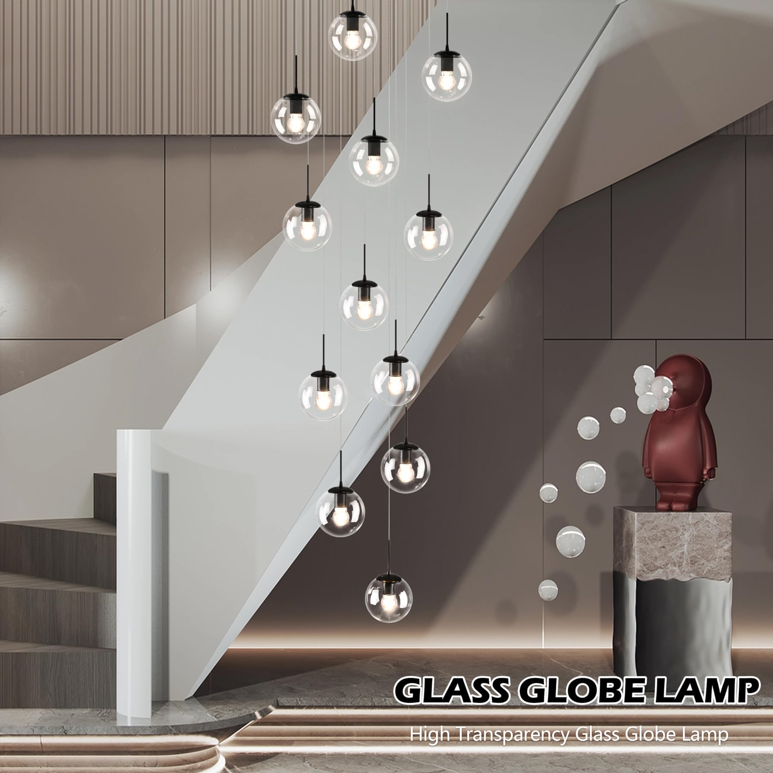 Koko&Yukina 12-Light Black Mid Century Modern Chandelier For Living Room Staircase Chandelier For Entryway Clear Globe Glass Cha