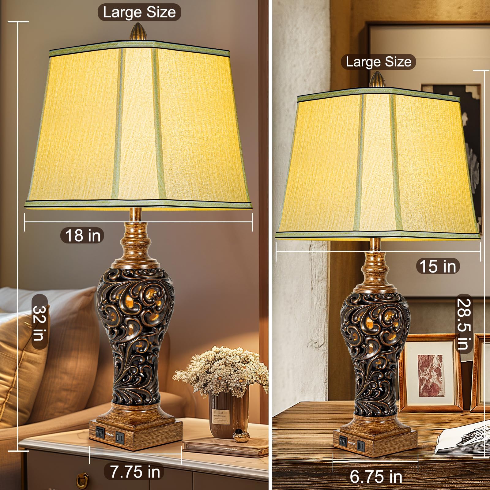 32'' Tall Rustic Vintage Table Lamps Set Of 2 With Night Lights - Bedside Lamp With Faux Silk Shades For Bedroom And Living Room