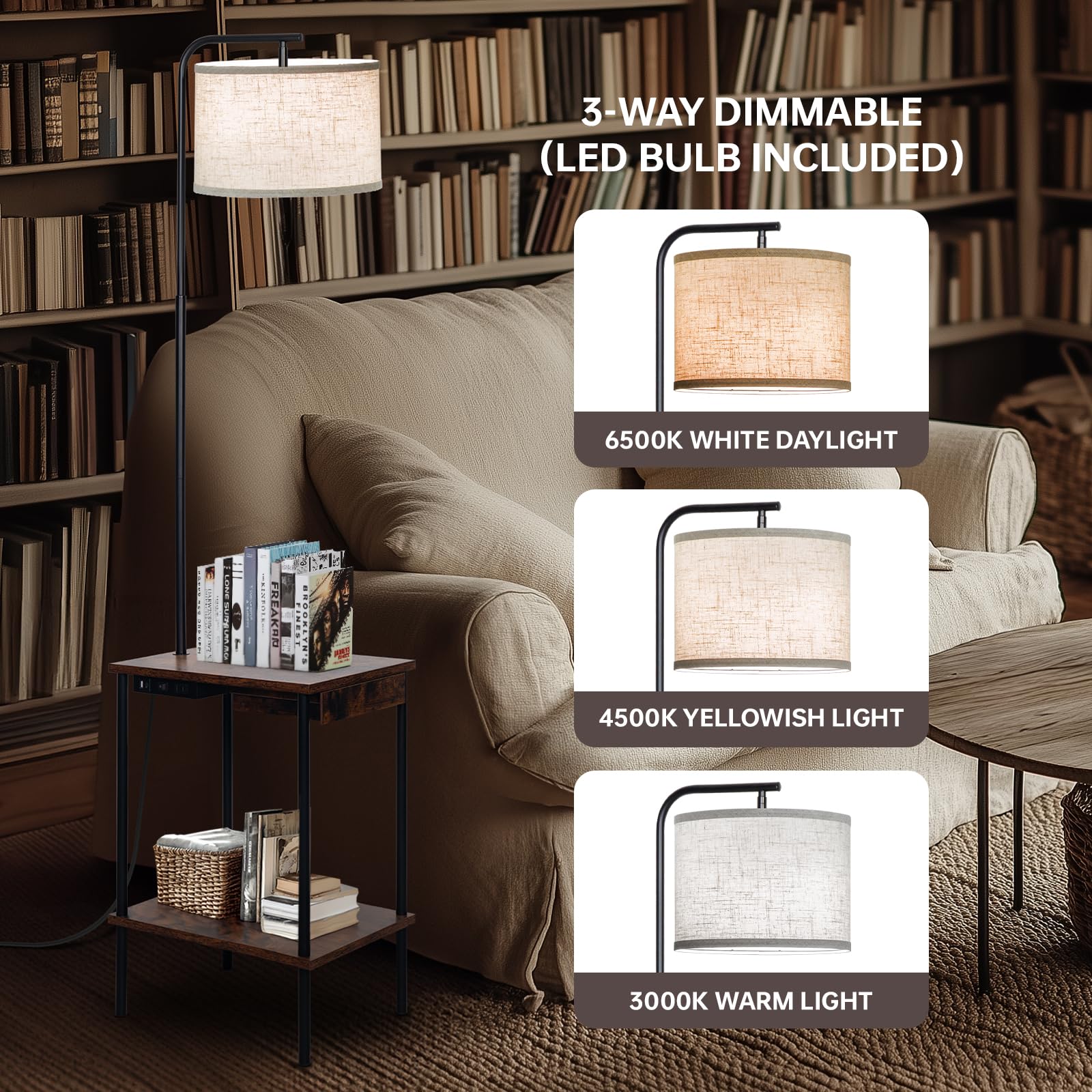 Eoeyyoyb Floor Lamp With Table & Drawers, End Table Lamp With Usb Charging Portt Power Outlet And Shelves, Side Table Reading Li