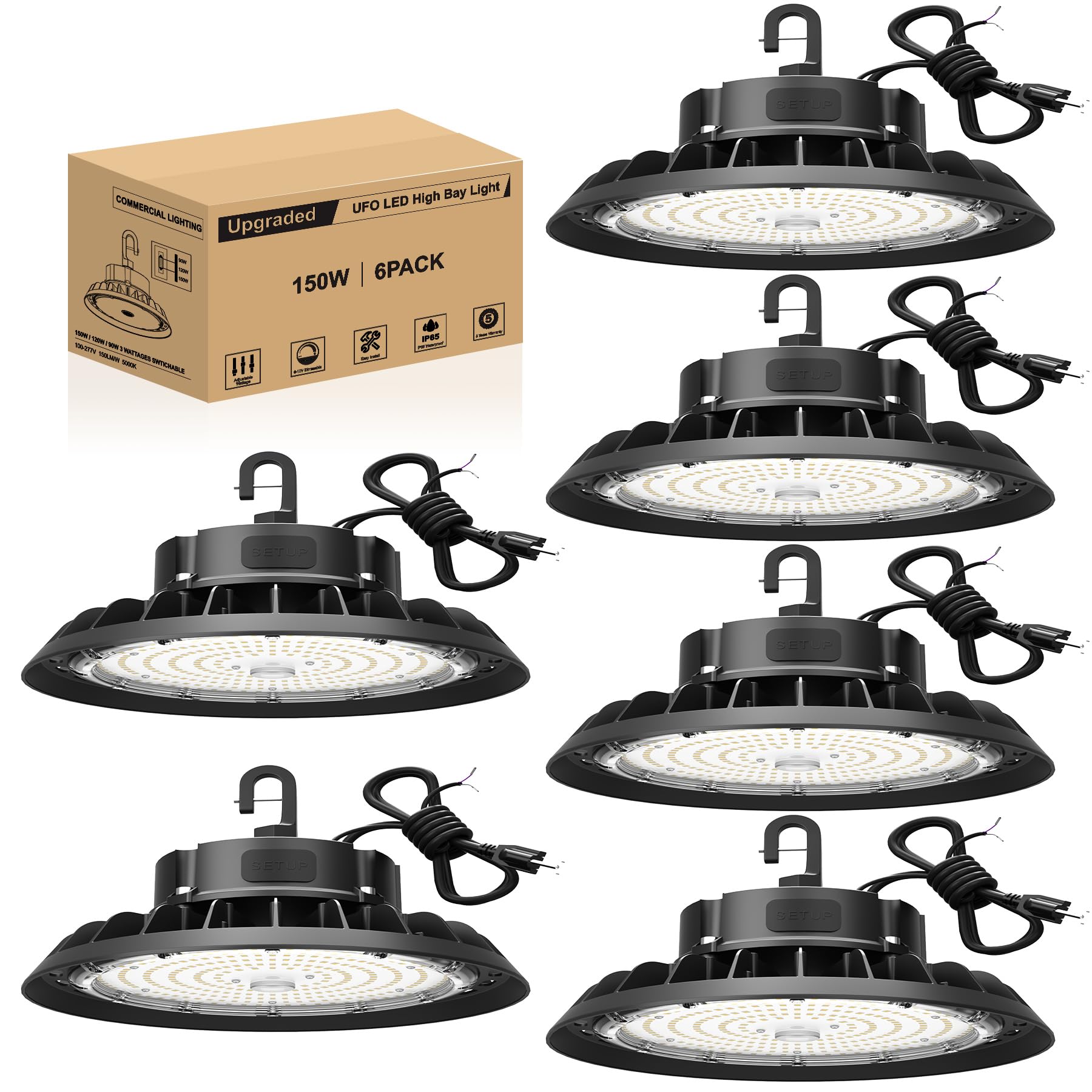 JC-LGL UFO LED High Bay Light 150W 6 Pack, High Bay LED Shop Light 22,500LM 0-10V Dimmable, 5' Cable with US Plug, Hanging Hook,