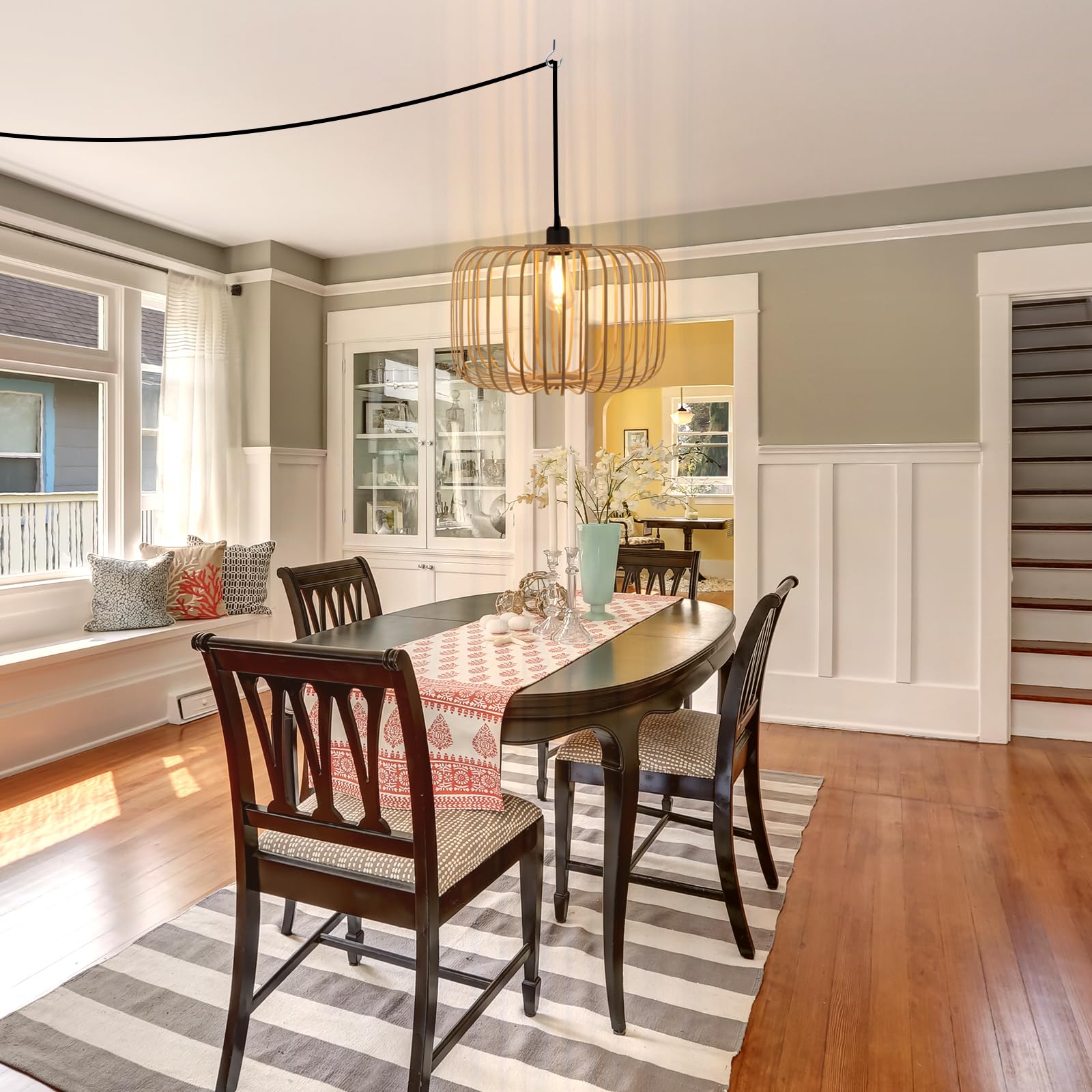 Plug In Pendant Light Woven Bamboo Hanging Lights With Plug In Hanging Lamp Dimmable, Handmade Woven Boho Wicker Basket Lamp Sha