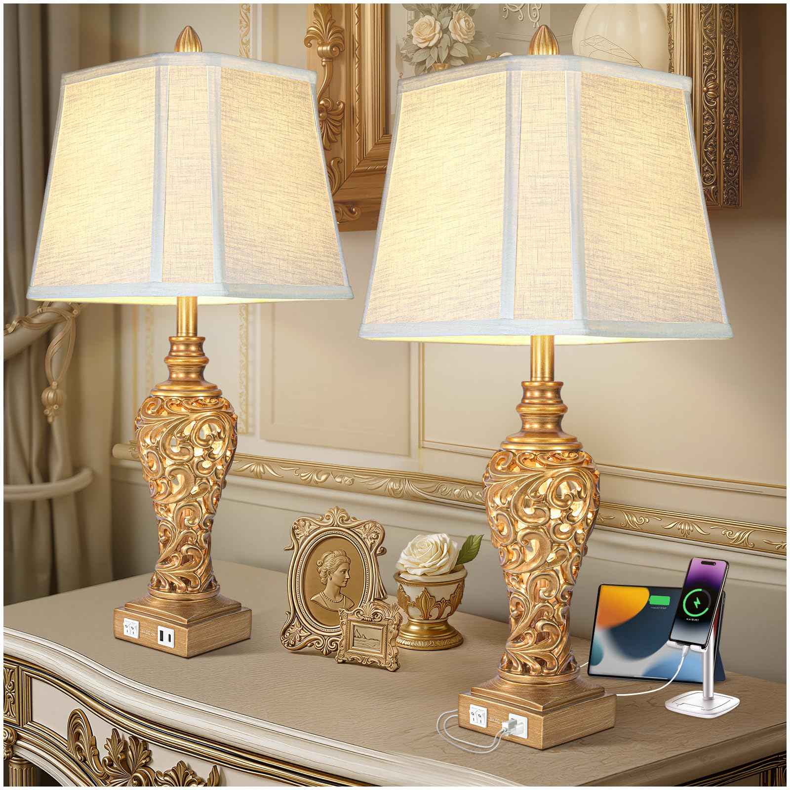 Vintage Table Lamps Set Of 2, 28.5'' Tall Antique Gold Bedside Lamps With Fabric Shades, Usb A+C Charging Ports & Night Light, F
