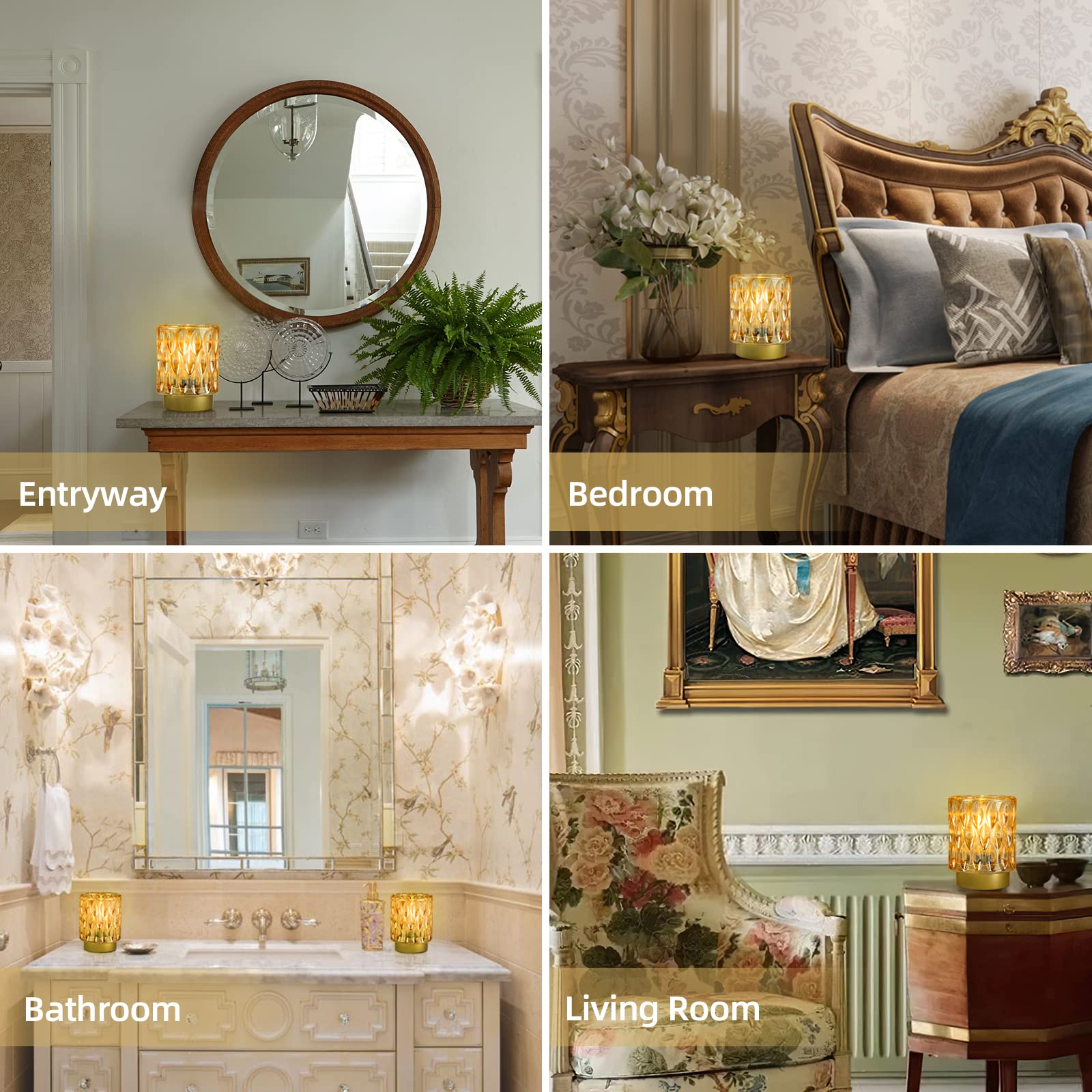 MJ PREMIER Battery Operated Table Lamps, Cordless Mini Crystal Lamp, 2 Packs, Amber, LED Bulb for Home Decor