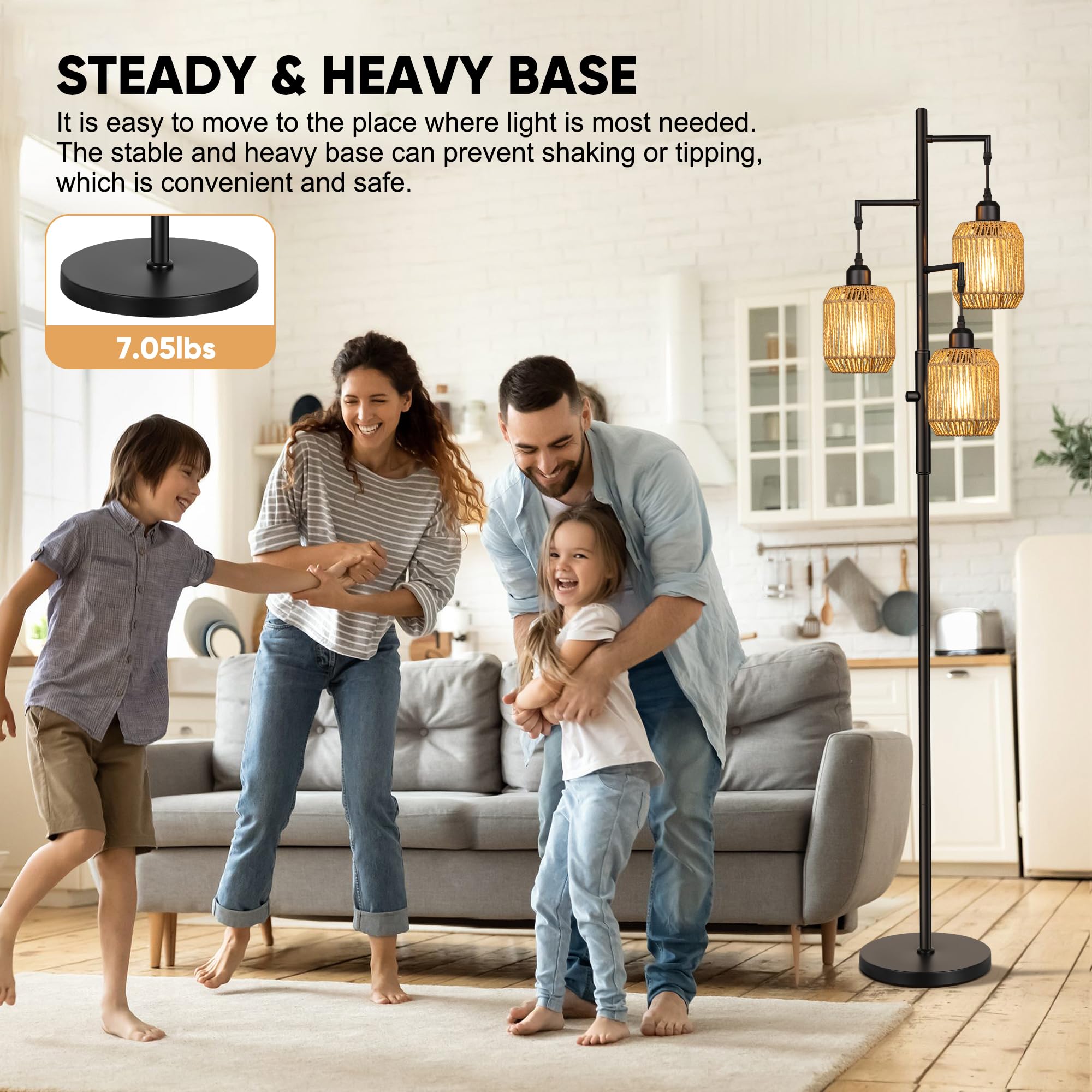 ROTTOGOON Dimmable Floor Lamp - 3 Light Rattan Design, 68in, Black/Brown Shades, Model ROFP107AB1