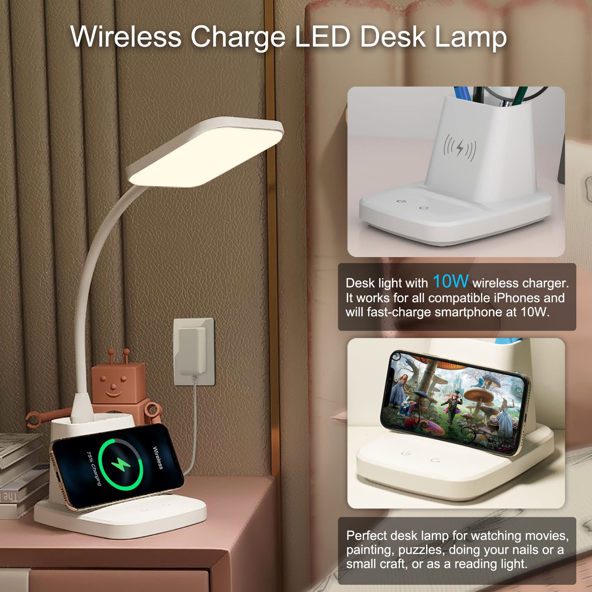 Sailstar Upgraded Led Desk Lamp With Wireless Charger, White Small Desk Light With Pen Holder, 3 Color Modes, Cri 85, 800 Lumen,
