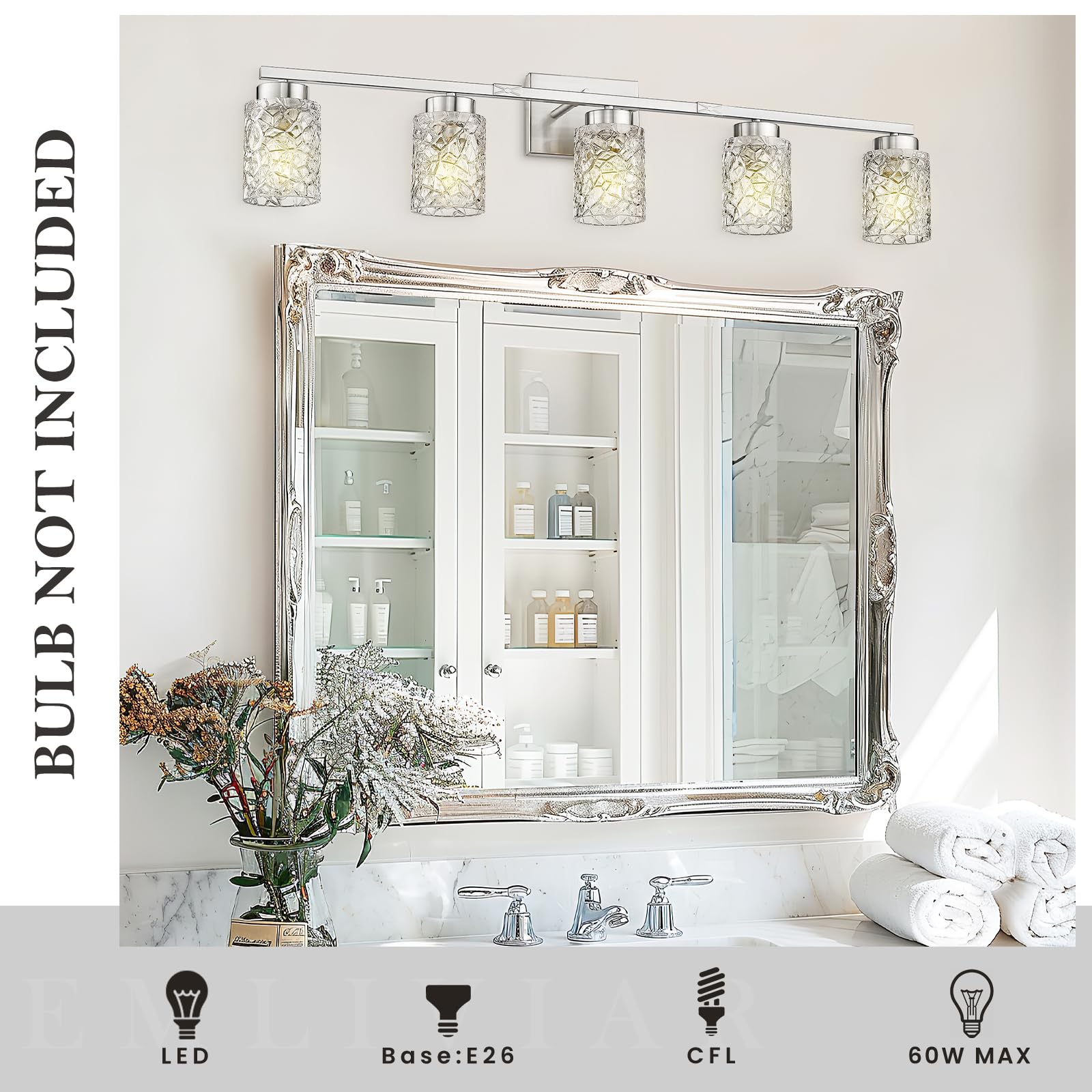 Emliviar 5-Light Modern Bathroom Vanity Light With Clear Geometric Glass, 40    Modern Brushed Nickel Bathroom Wall Light, E26 B