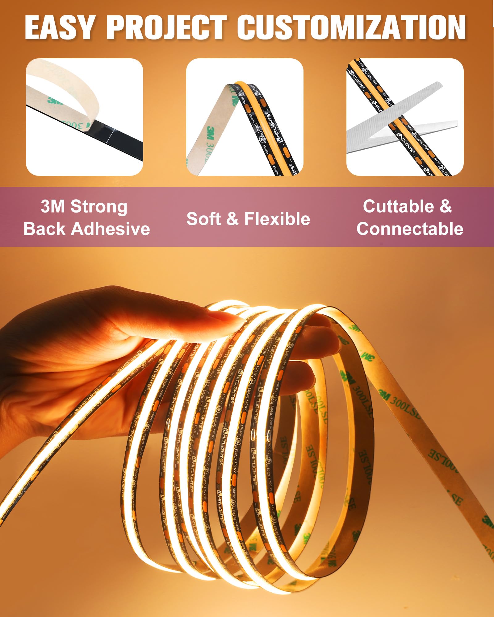 Hitlights Cob Led Strip Lights Warm White 2700K  16.4Ft enhanced 12V Tape Light High Density  2400 Leds  305+ Lm/Ft  Cri 90+  Ip30  Lighting For Kitchen  Cabinets  Ul Listed (Power Source Not Included)