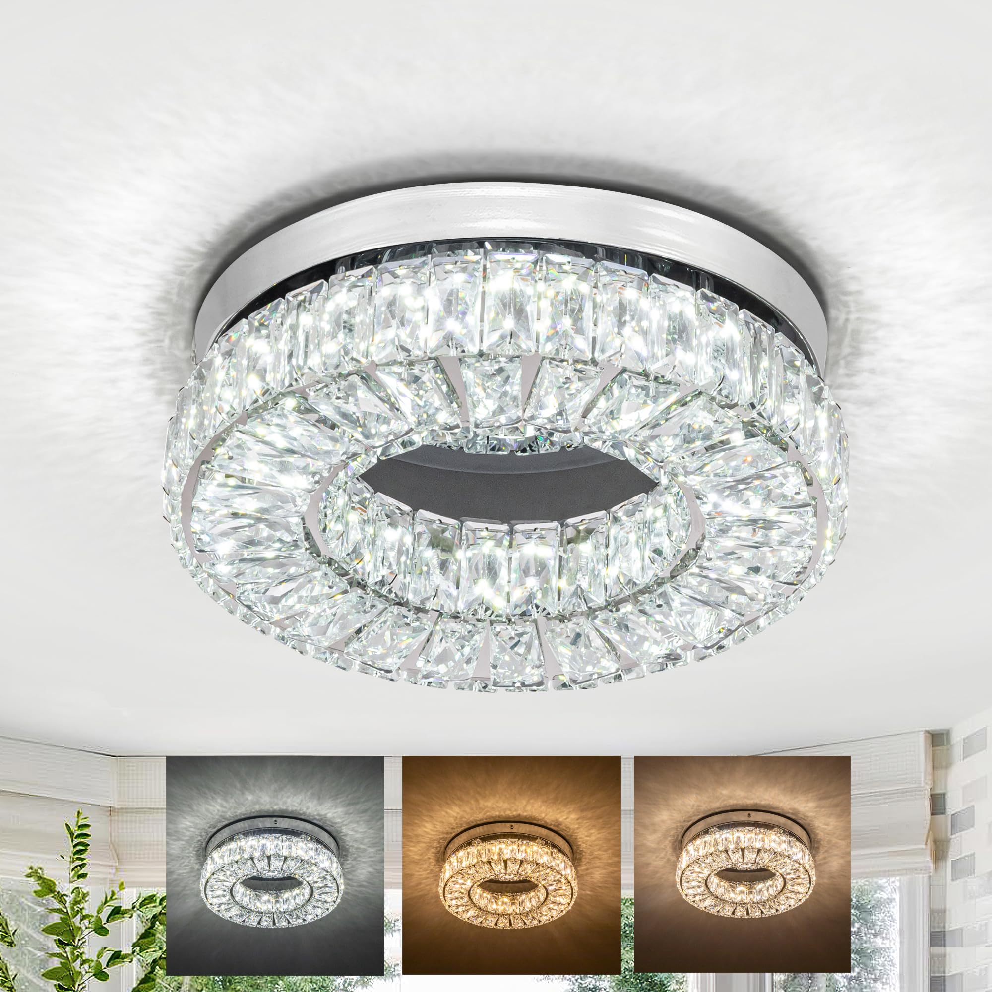 Homlaiting 11.8” Modern Crystal Led Chandelier, Changeable Colors, Flush Mount Ceiling Light