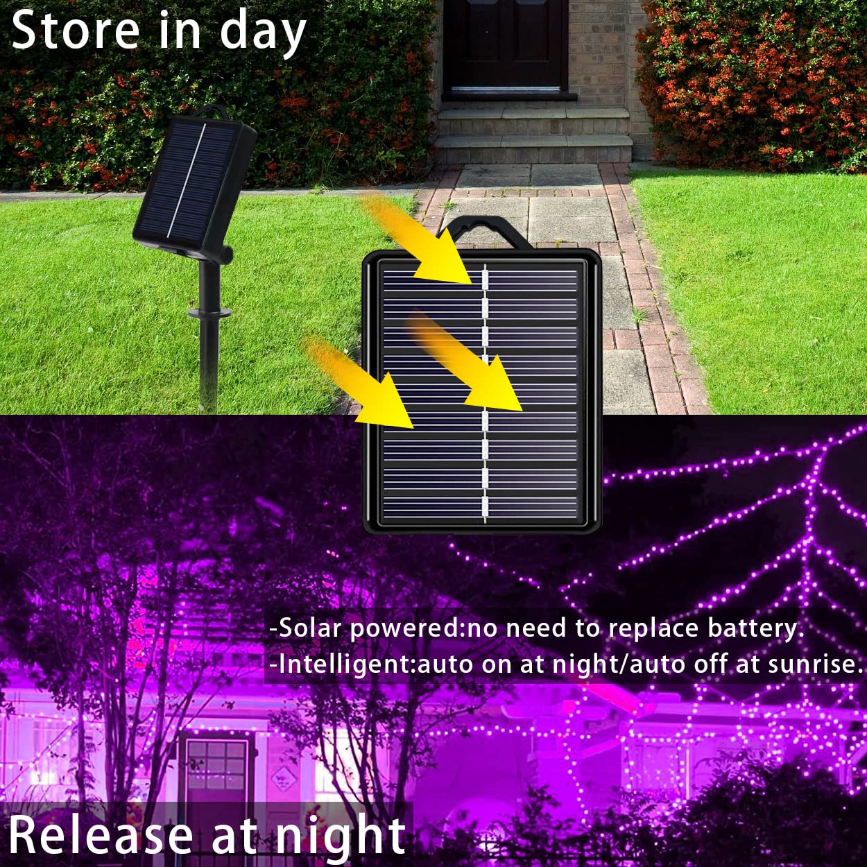 Solar String Lights For Outside, Purple Halloween Lights Outdoor Waterproof 2Pack Total 144Ft 400 Led 8 Modes With Timer, Ip44 T