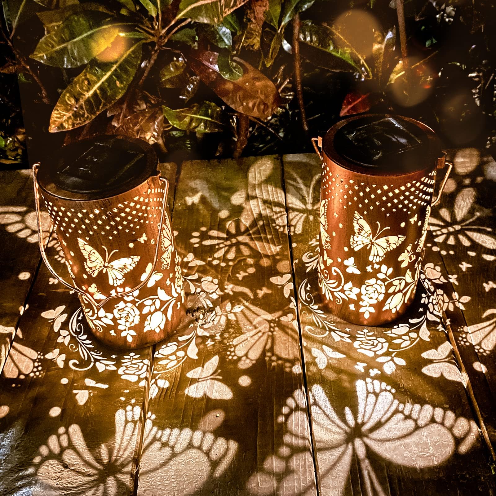 4 Packs Solar Lanterns Outdoor Hanging Lantern Lights, 4 Butterflies Hollowed-Out Metal Decor Lantern, Waterproof Led Decorative