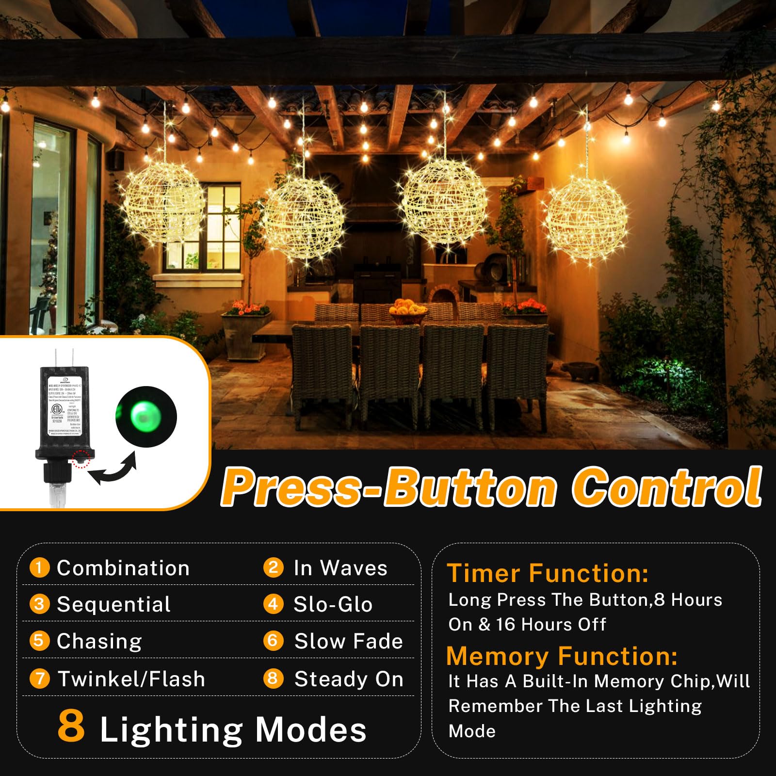 JNOEC Outdoor Ball Lights - 4 Pack 15.7in Sphere Lights, Warm White, Plastic, Model BG-BTD, Perfect for Garden, Patio, Party Decoration