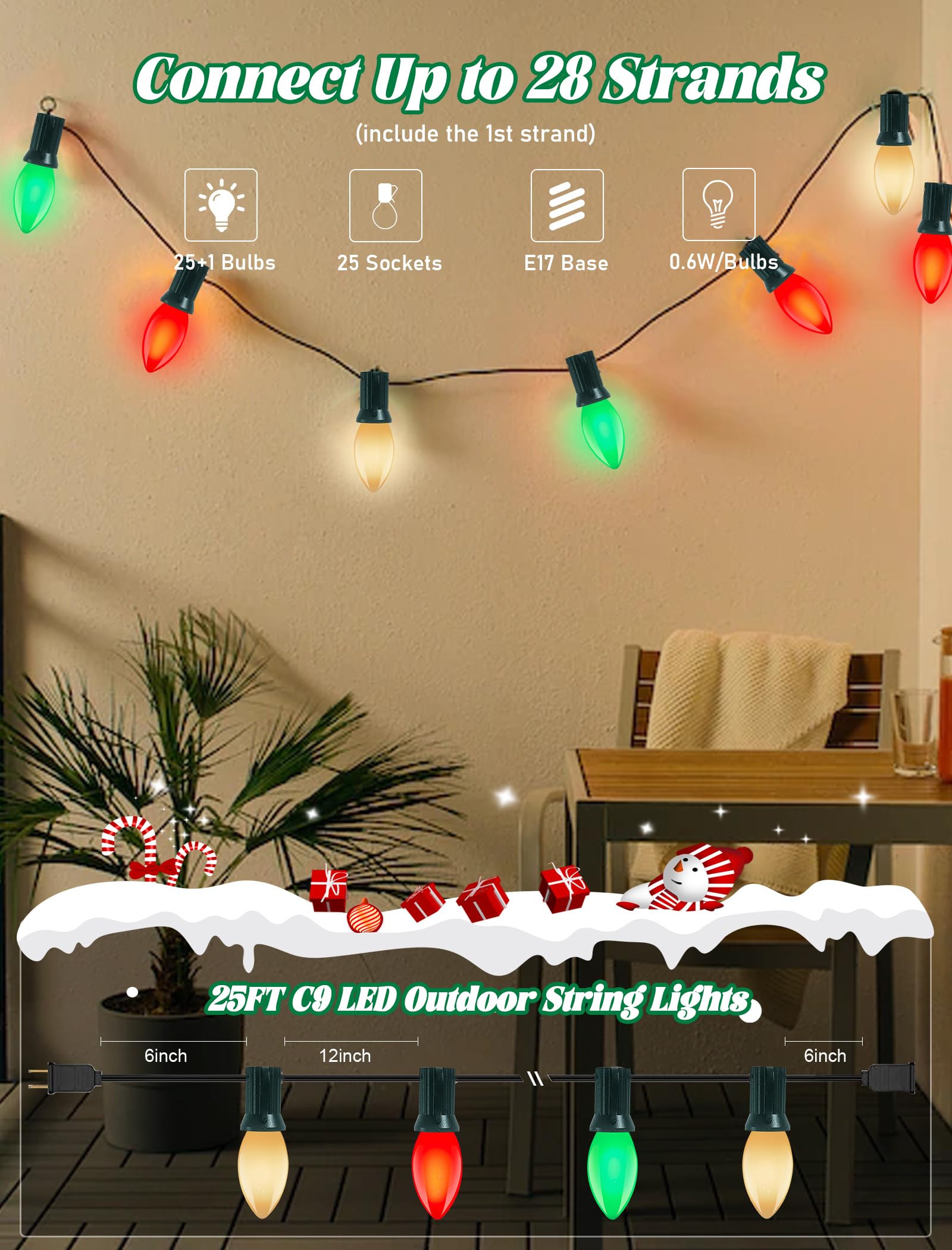 25Ft C9 Led Christmas Lights Outdoor, Vintage Christmas Lights With 26 C9 Led Red White And Green Bulbs, Hanging Outdoor Christm