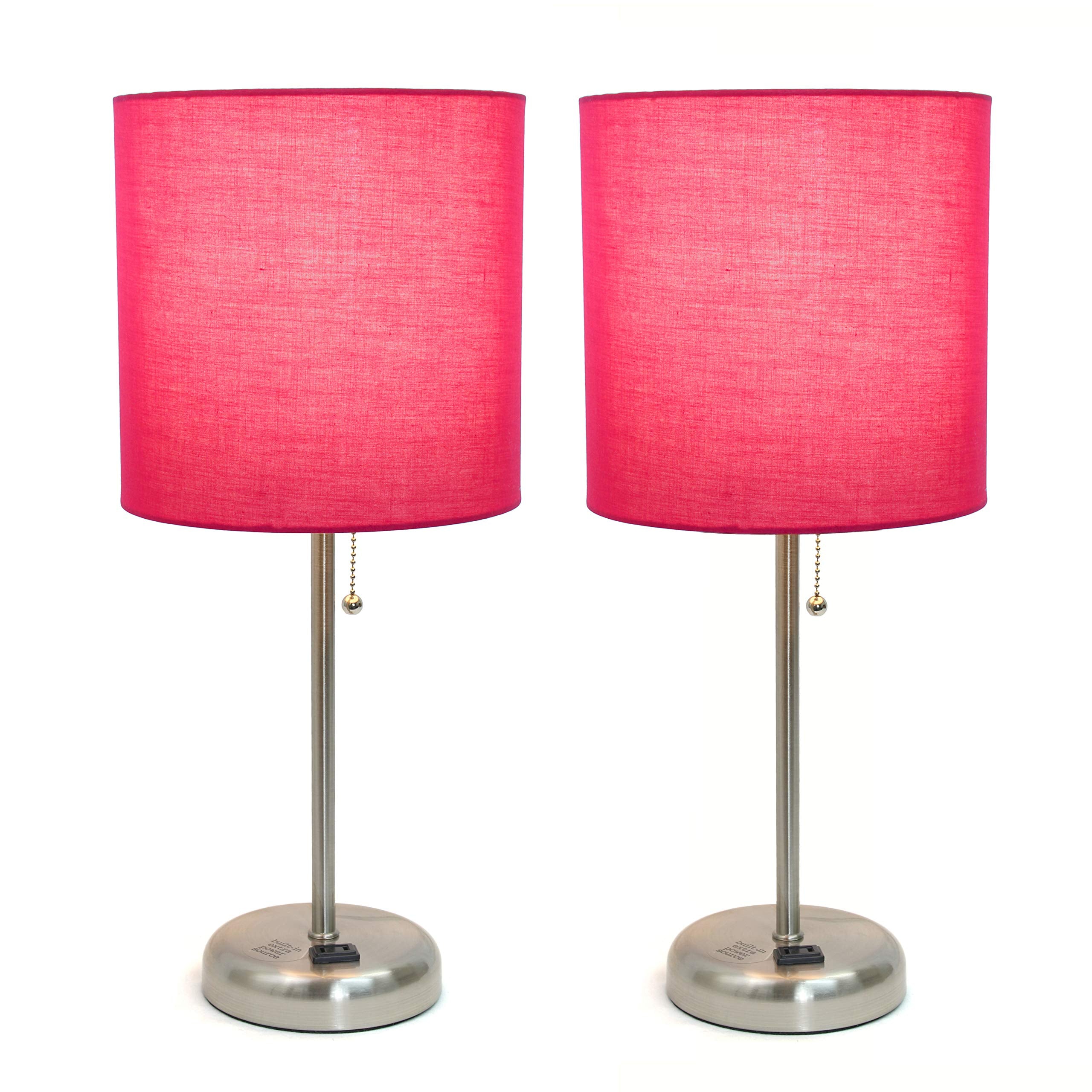 Simple Designs Lc2001-Pnk-2Pk Brushed Steel Stick Table Lamp Set With Charging Outlet And Pink Fabric Shades, 2 Pack Set