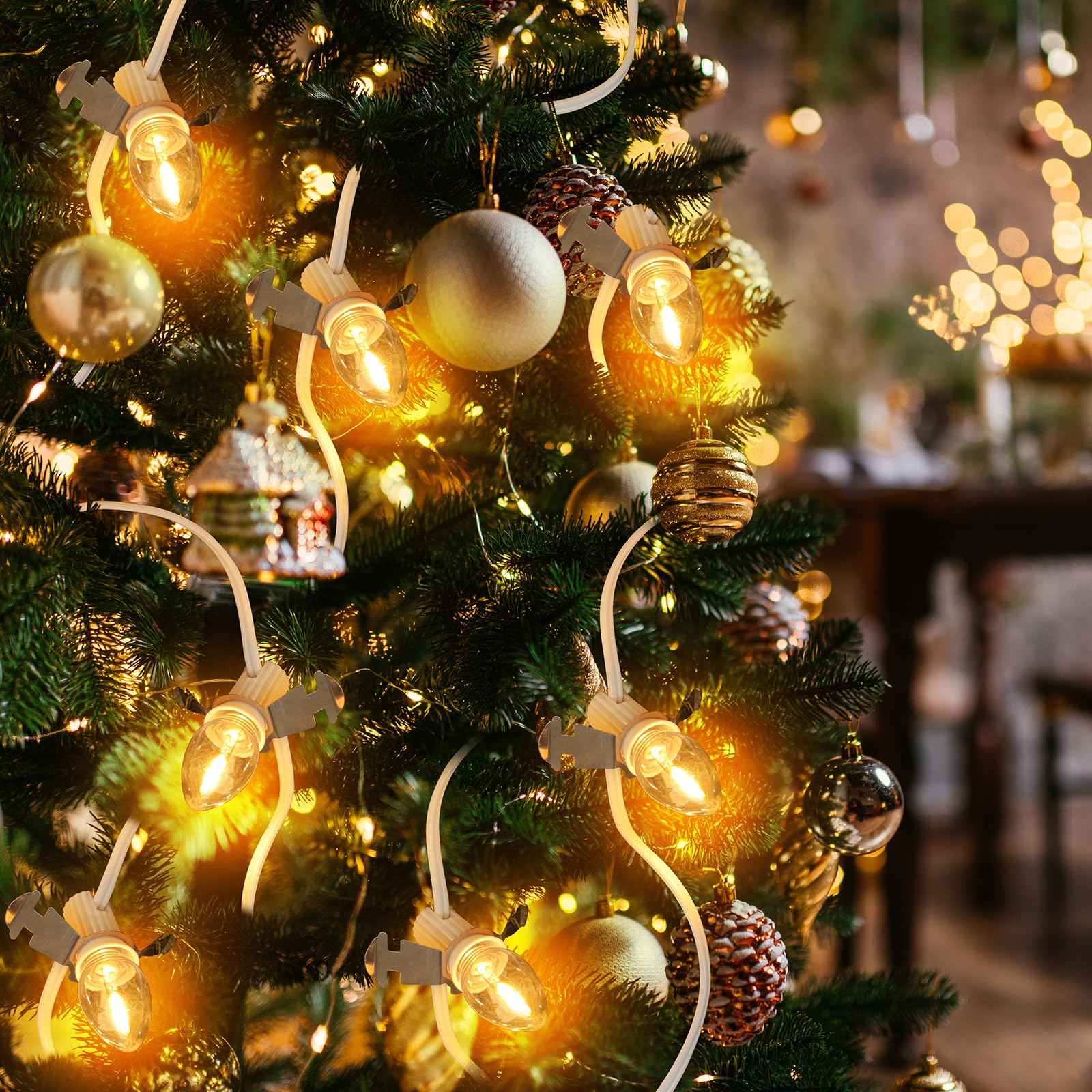 Aomitop C7 LED Light Bulb Cord with 10 White Bulbs for Christmas Village Decoration