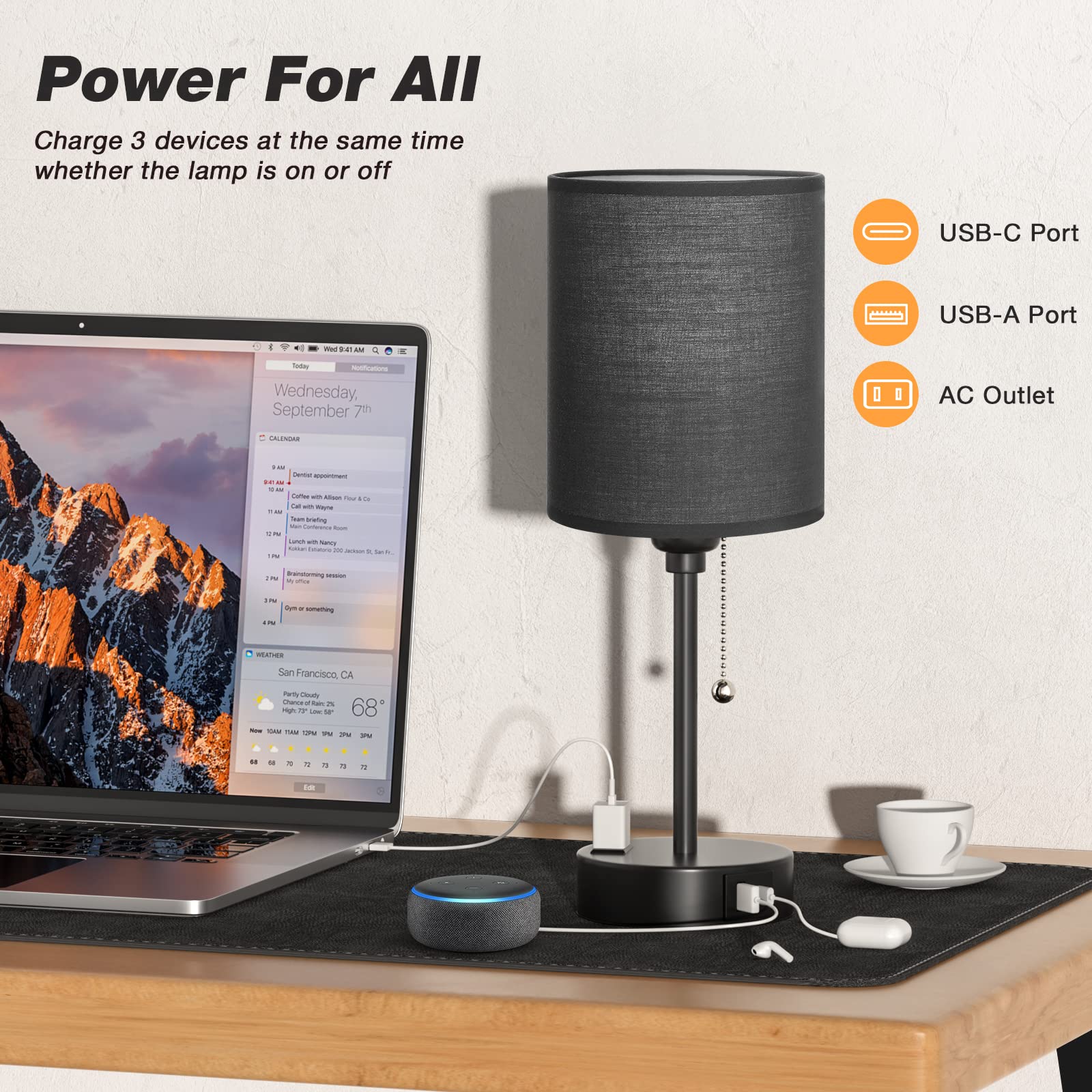 Dicoool Black Bedroom Lamps 3 Color Temperatures - 2700K 3500K 5000K Small Bedside Lamps With Usb C And A Ports, Pull Chain Tabl