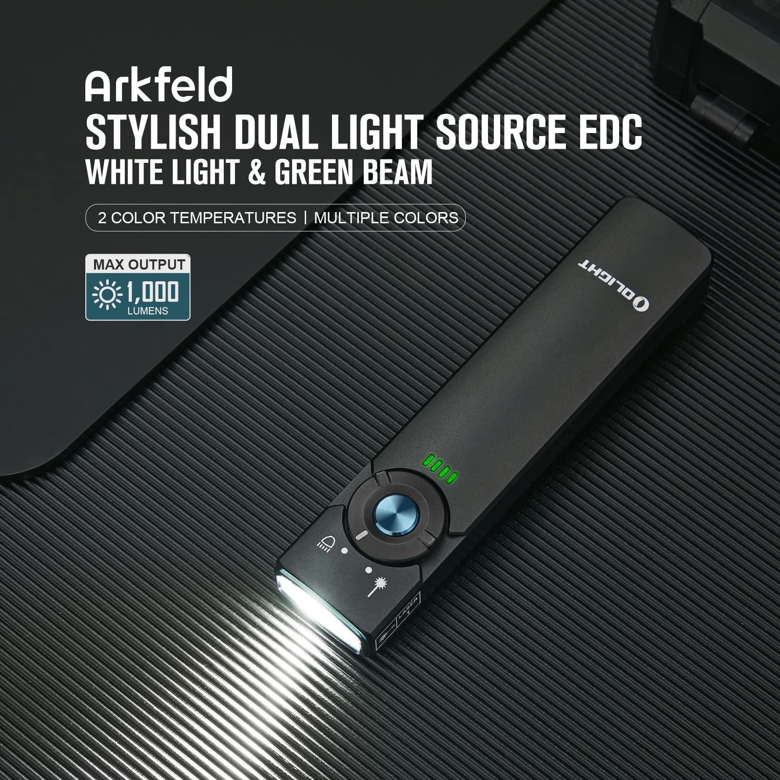 OLIGHT Arkfeld EDC Flashlight, 1000 Lumens, Dual Light Source, Green Beam & White LED, Aluminum, Black Neutral White, Model O-Arkfeld-BK-NW#