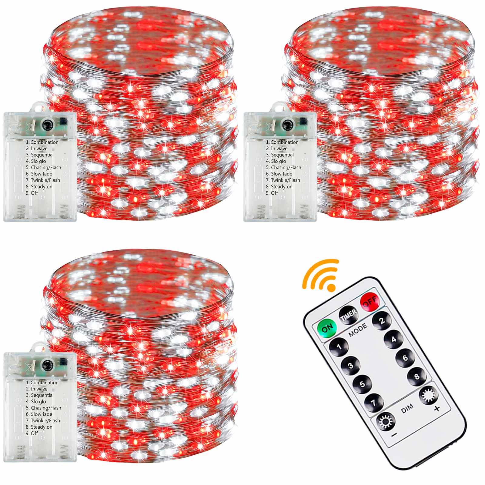 YIQU 3 Pack Fairy Lights, 26 FT 80 LED String Lights, Battery Operated with Remote Control Timer, Red & White, Indoor/Outdoor