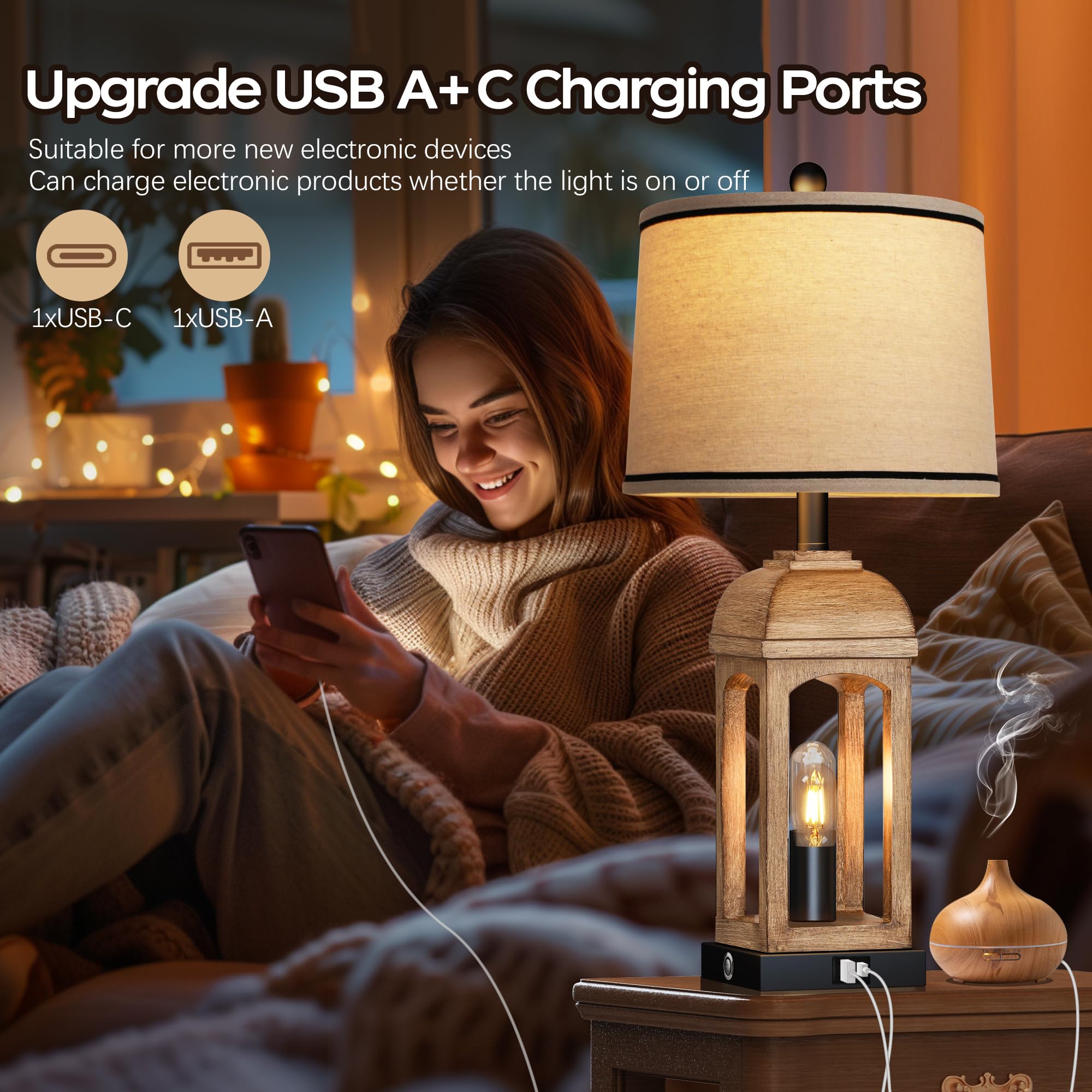 Qimh Table Lamp For Living Room, Farmhouse Lamps Set Of 2 With Usb A+C And Nightlight, 26'' Rustic Bedside Lamps With 3-Way Dimm