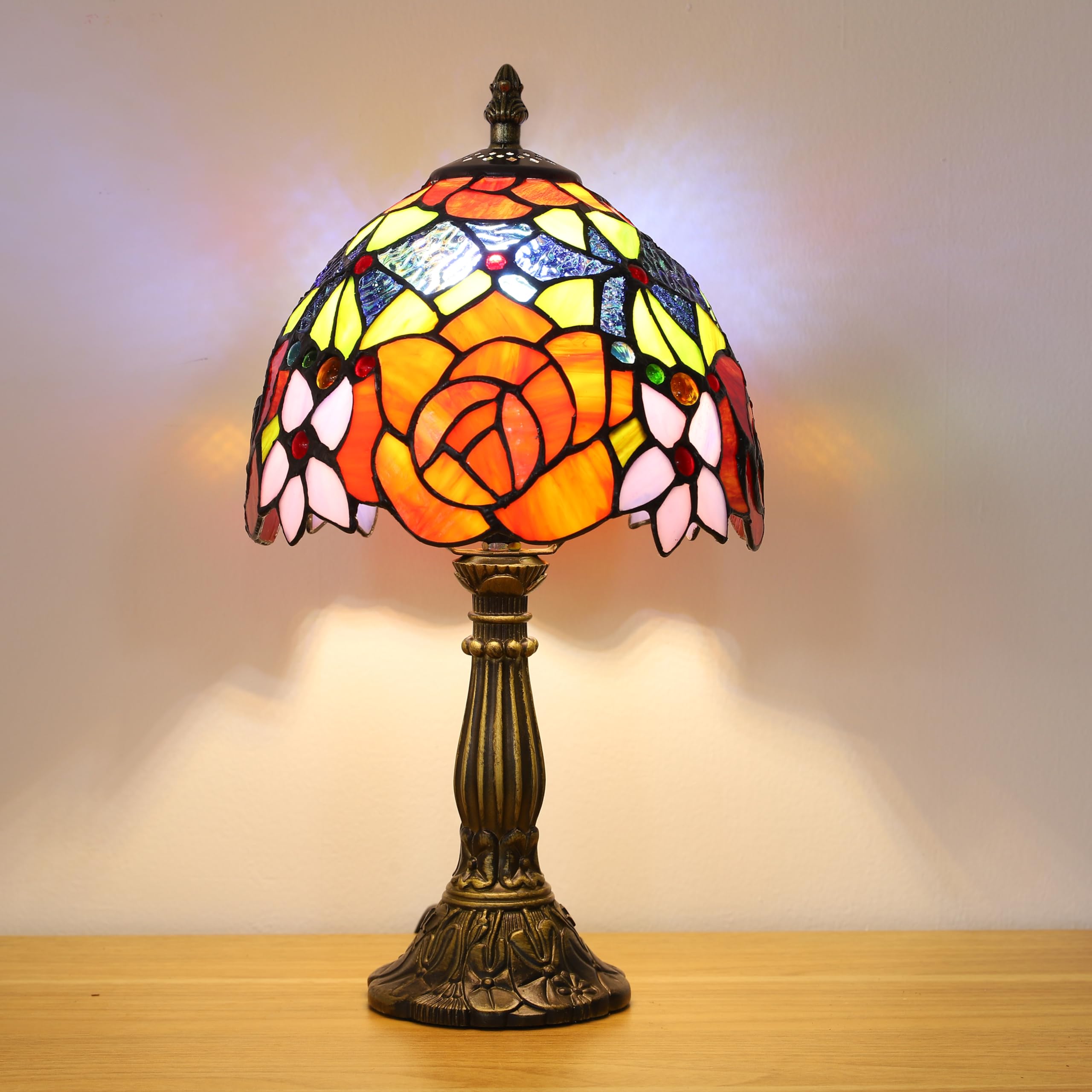 Tuomoxte Tiffany Style Table Lamp, 8 Inch Stained Glass Lamp, Rose Flower Pattern, Small Antique Lamp, Bedside Lamp, For Nightst