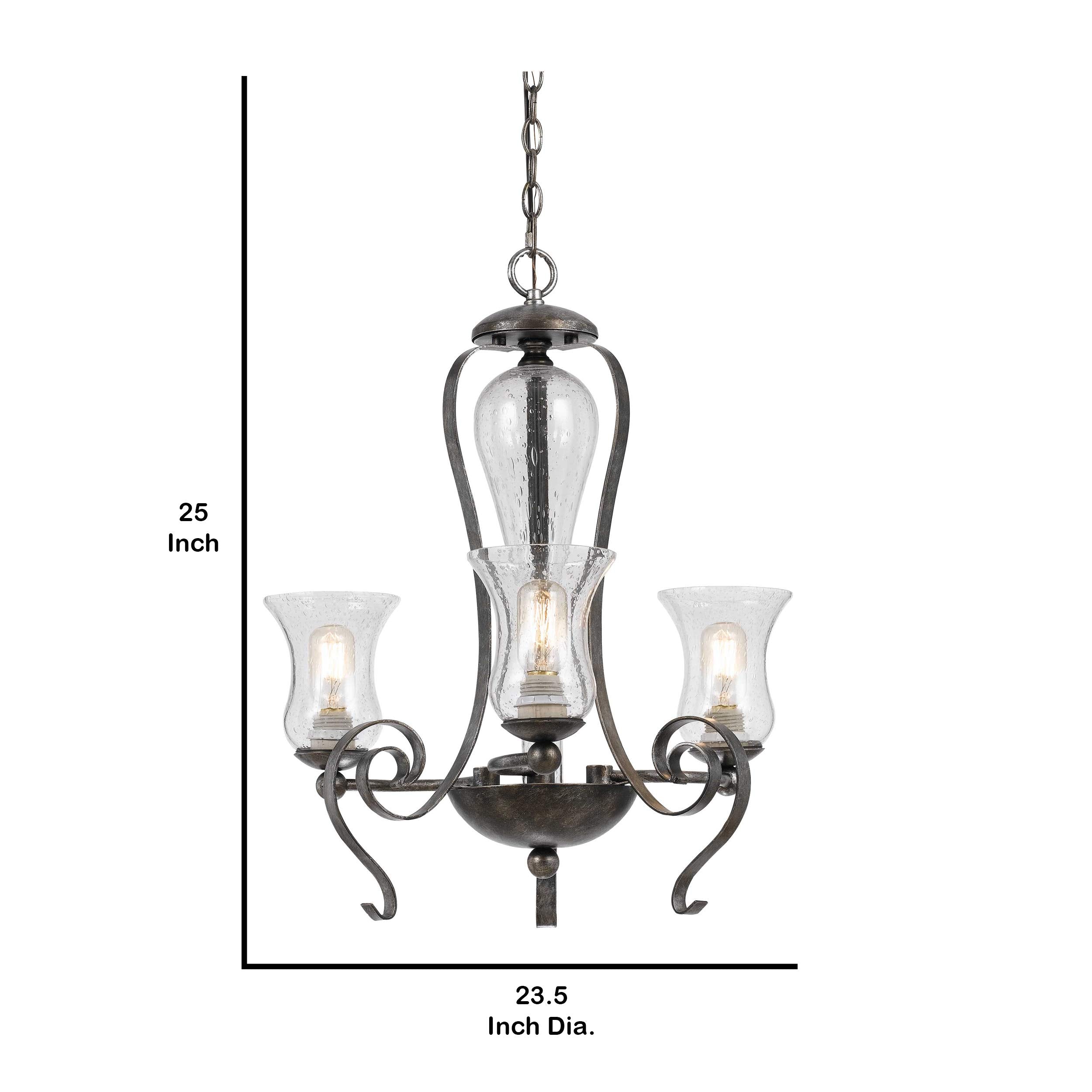 Benzara 3 Bulb Chandelier Metal Frame Glass Shades Model BM226298 Gray and Clear