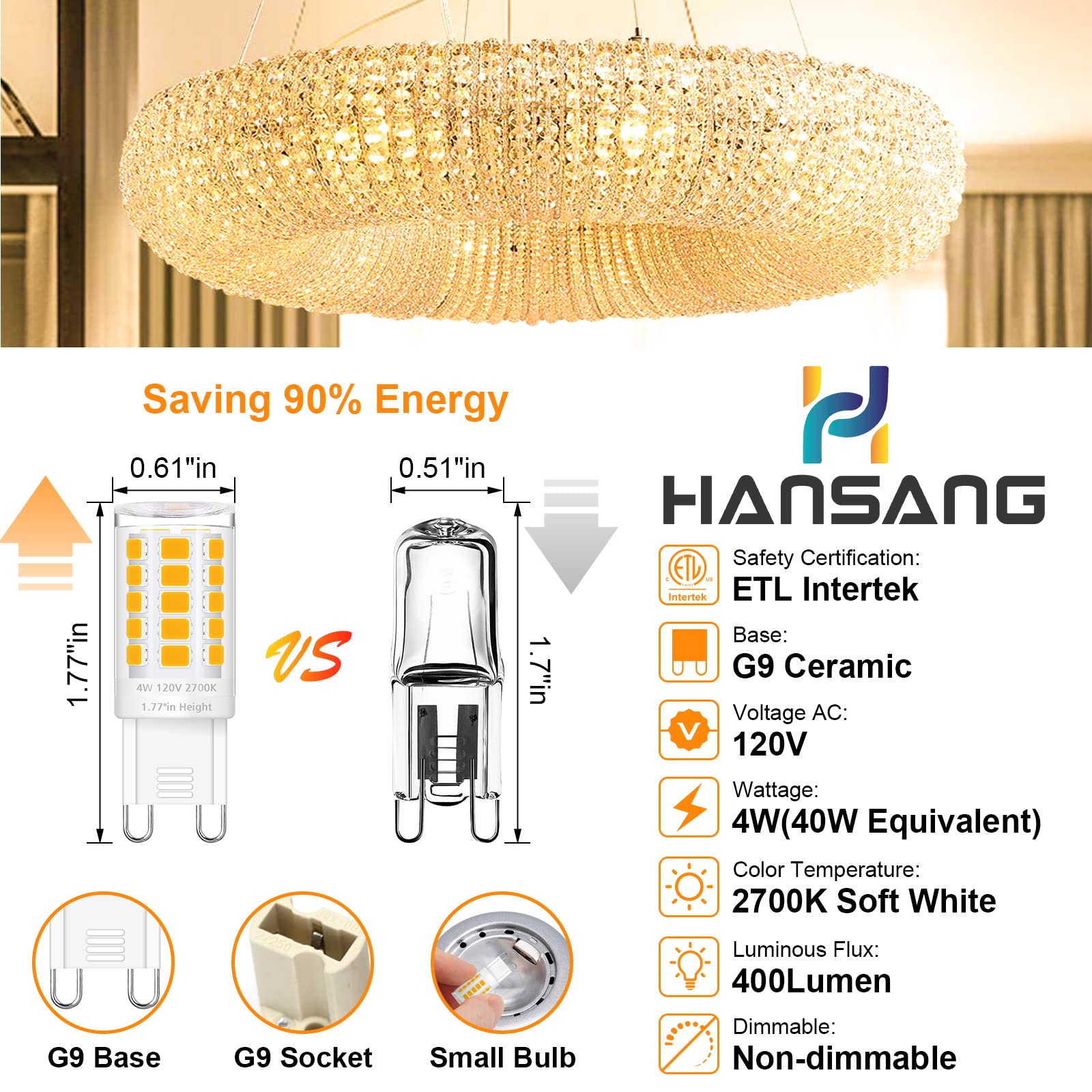 Hansang 12 Pack G9 Led Bulb 2700K Soft Warm White, 4W 40 Watt Halogen Equivalent G9 Light Bulbs, Height 1.77 Inch Short T4 G9 Bi